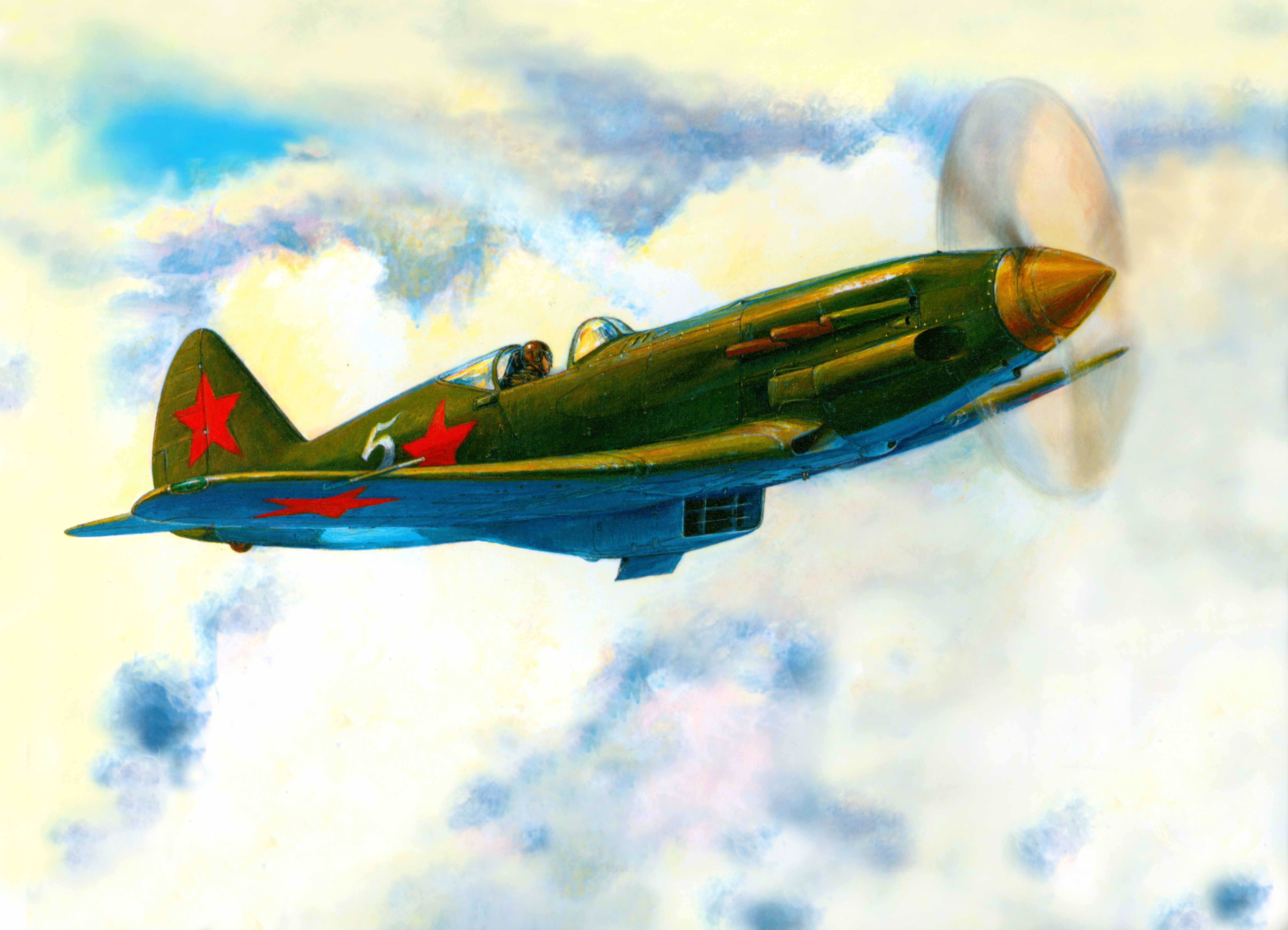 The sky, figure, USSR, 5K, Aviation, The plane, Flight, The MiG-3, fighter, Clouds, ART, Day, Wings, HD Wallpaper