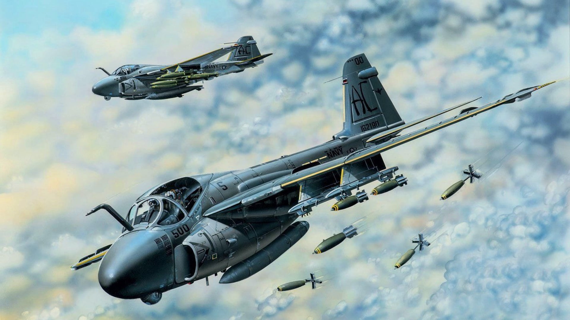shock, the plane, clouds, bombs, pair, Grumman, flight, US Navy, 1080P, deck, A-6 Intruder, HD Wallpaper