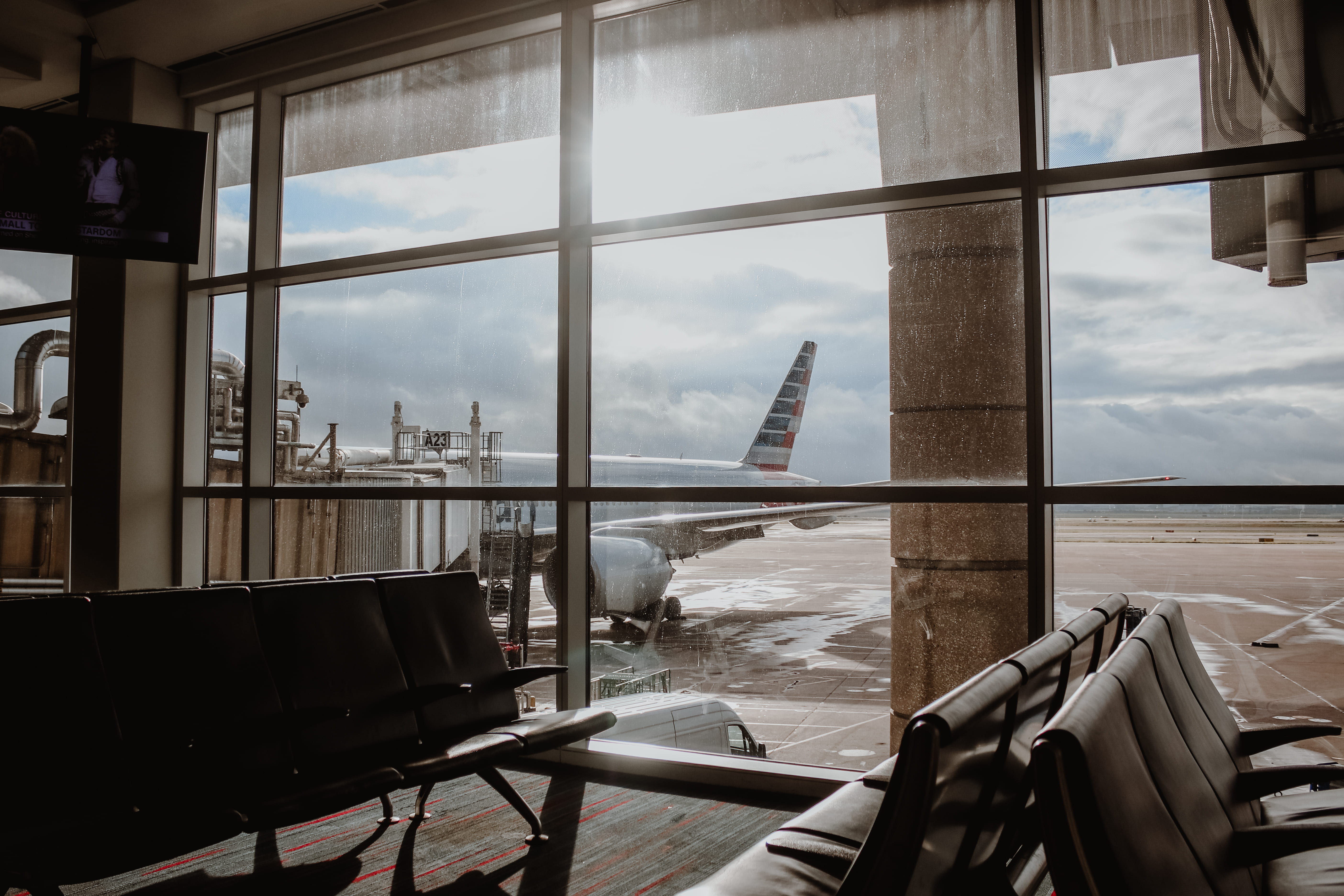 window, nature, restaurant, day, red, architecture, plane, chair, view, glass, waiting, sky, area, built structure, furniture, 5K, water, no people, glass - material, HD Wallpaper