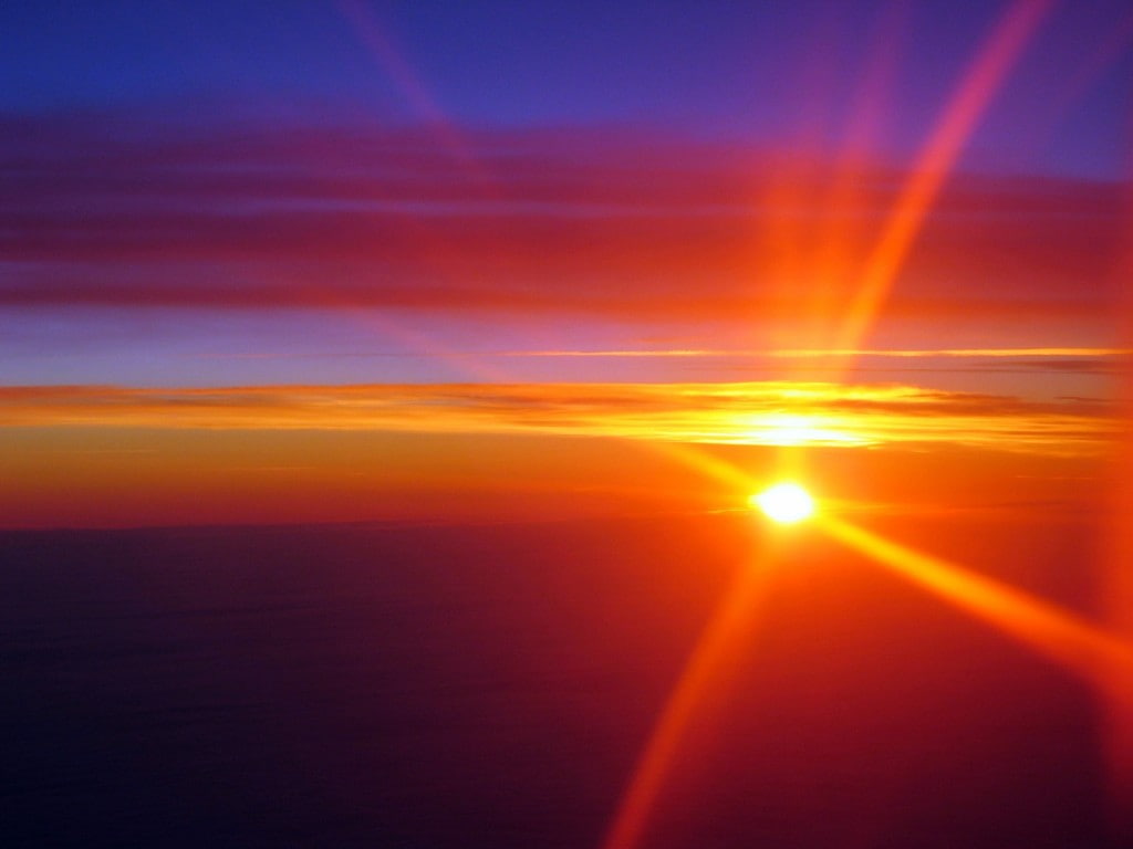 sunsets, sunset, sunrays, red, orange, hd, nature, plane, high, sky, colours, 480P, art, HD Wallpaper
