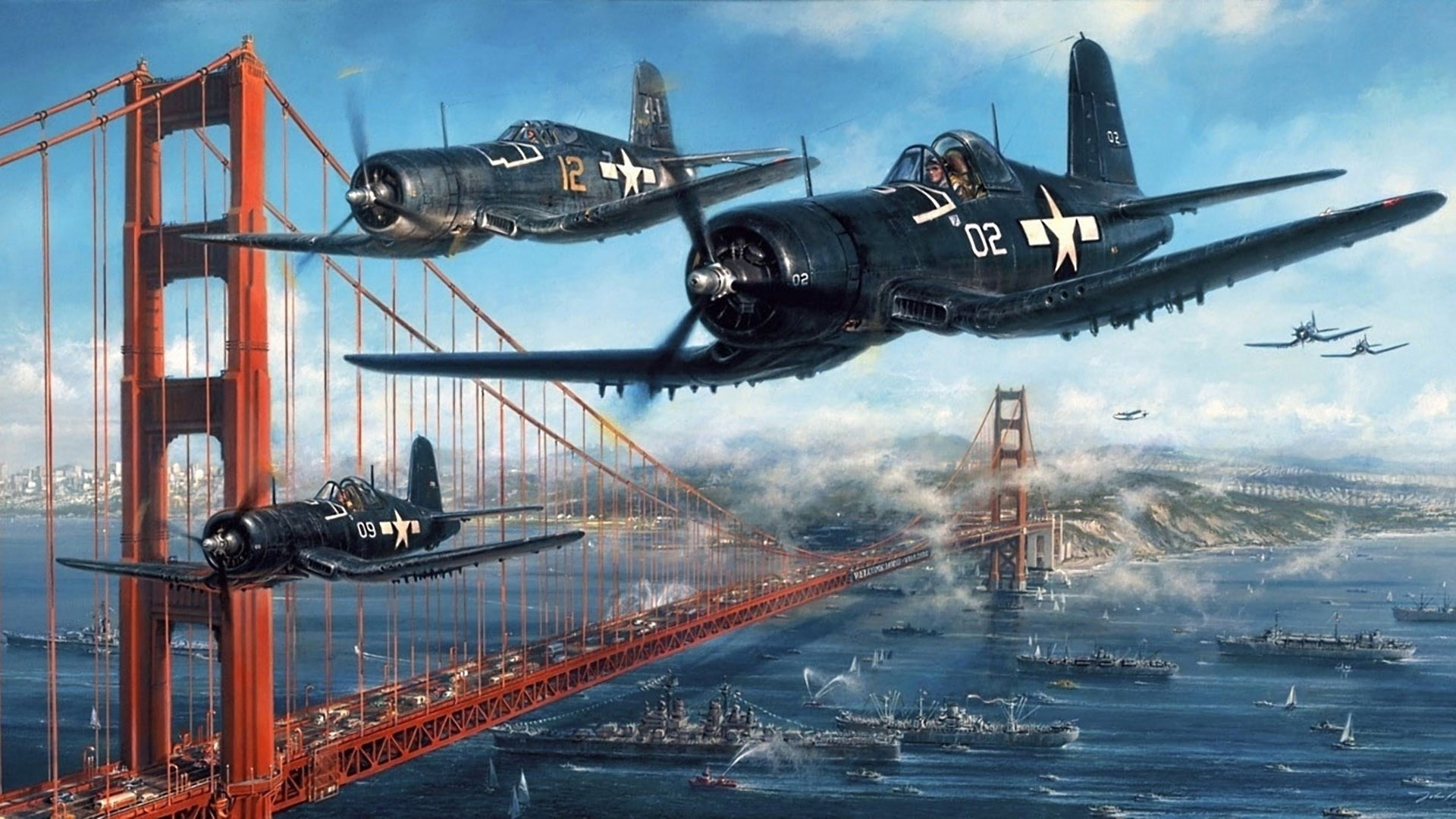 1080P, vought f4u corsair, nautical vessel, water, transportation, sky, nature, leaving, air vehicle, fighter plane, air force, flying, mode of transportation, HD Wallpaper