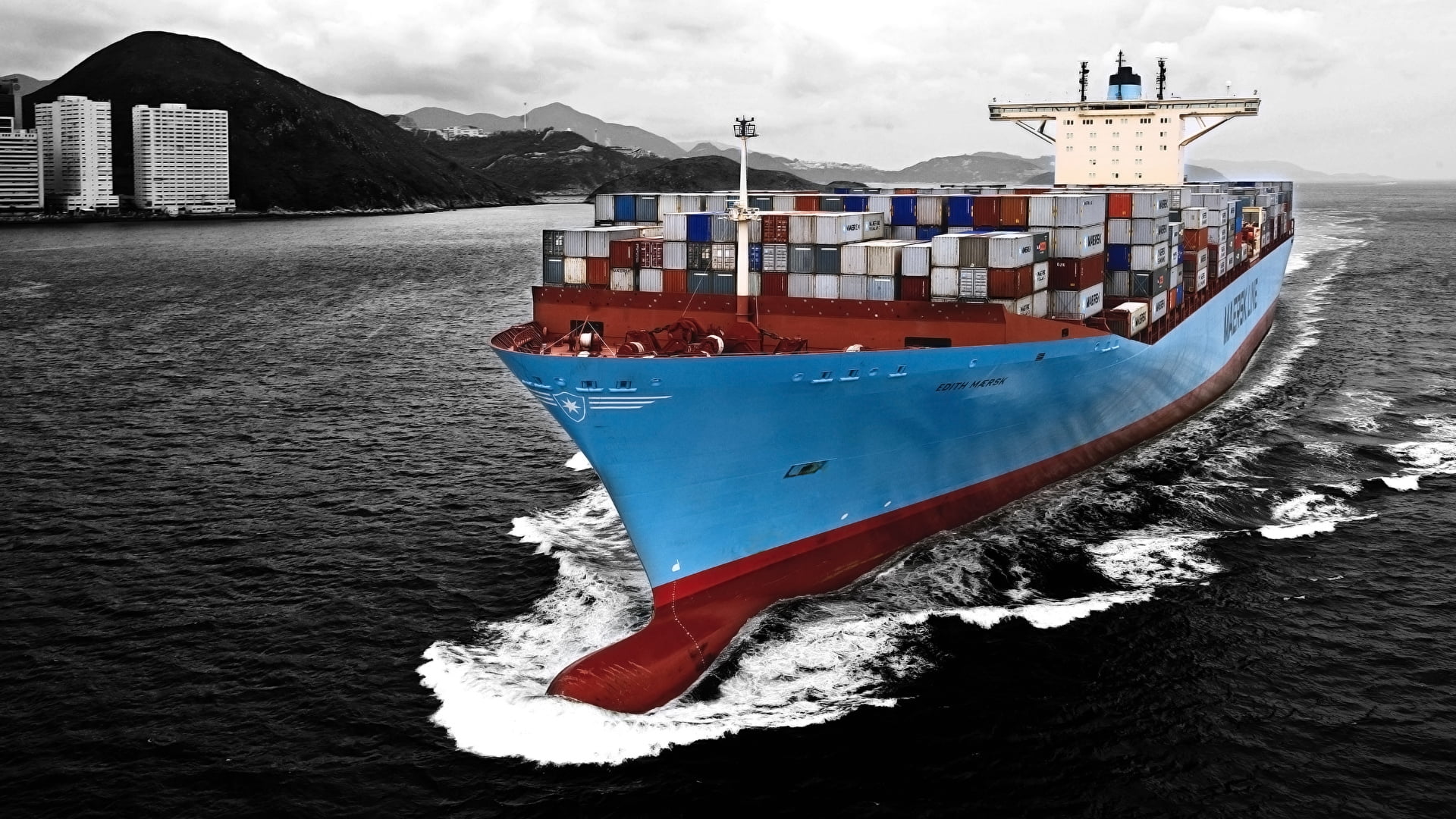 waterfront, sky, architecture, outdoors, sea, moored, nature, Edith Maersk, winter, Container, day, no people, Ship, water, 1080P, cruise ship, nautical vessel, HD Wallpaper