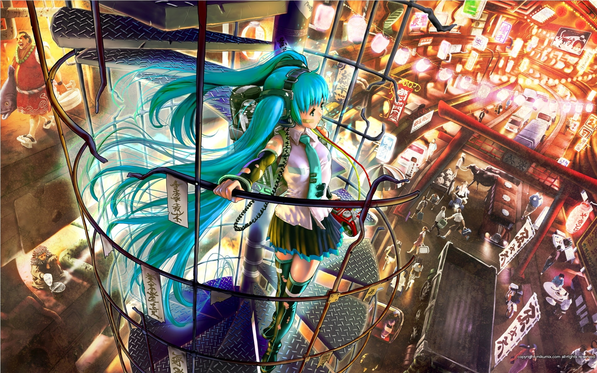 twintails, City, tie, wall, vocaloid, hd, hatsune, hot, sleeves, x, soft, miku, detached, girls, 1080P, shading, anime, art, HD Wallpaper