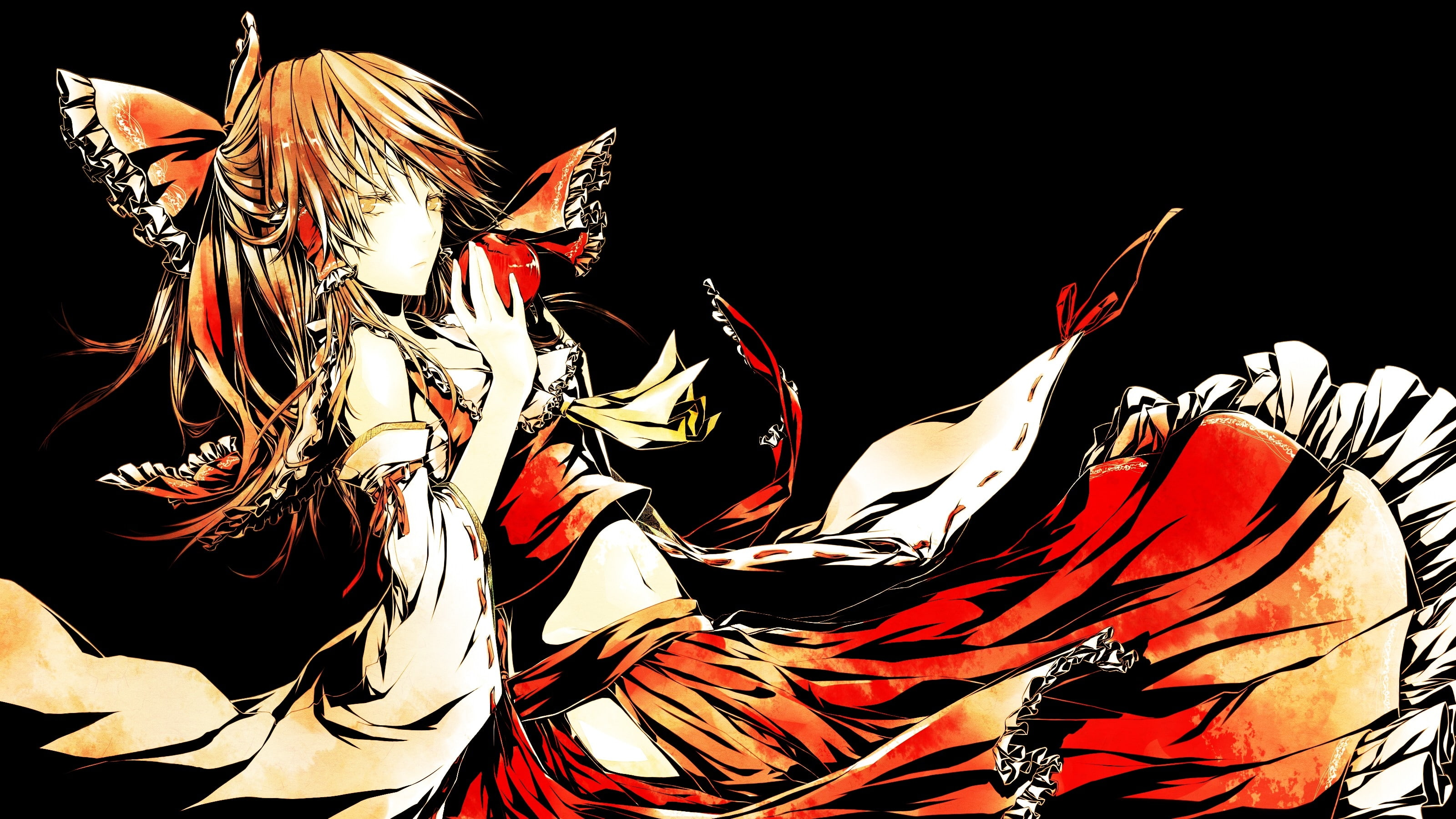 hakurei, reimu, Touhou, girls, wal, technology, eyes, art, x, sleeves, dress, apples, detached, brown, anime, hd, 2K, apple, brunettes, HD Wallpaper