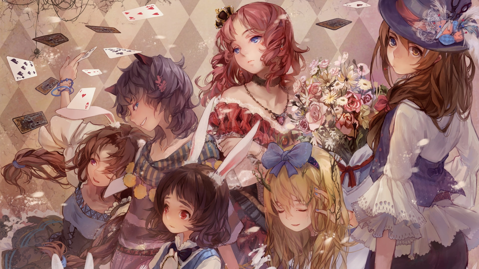 dress, animal, hd, flowers, cards, shading, nature, ears, redheads, blondes, bunny, roses, girls, soft, x, anime, 1080P, art, HD Wallpaper