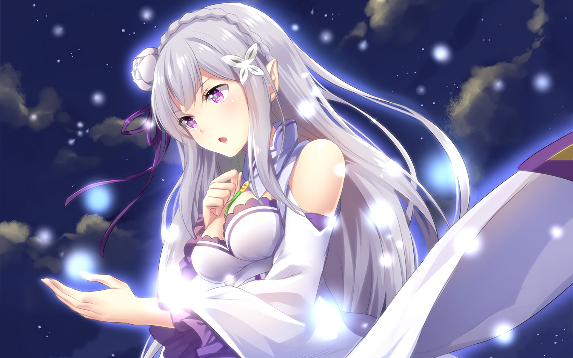 white hair, 1080P, cleavage, purple eyes, sky, clouds, souls, Emilia (Re: Zero), Re:Zero Kara Hajimeru Isekai Seikatsu, HD Wallpaper