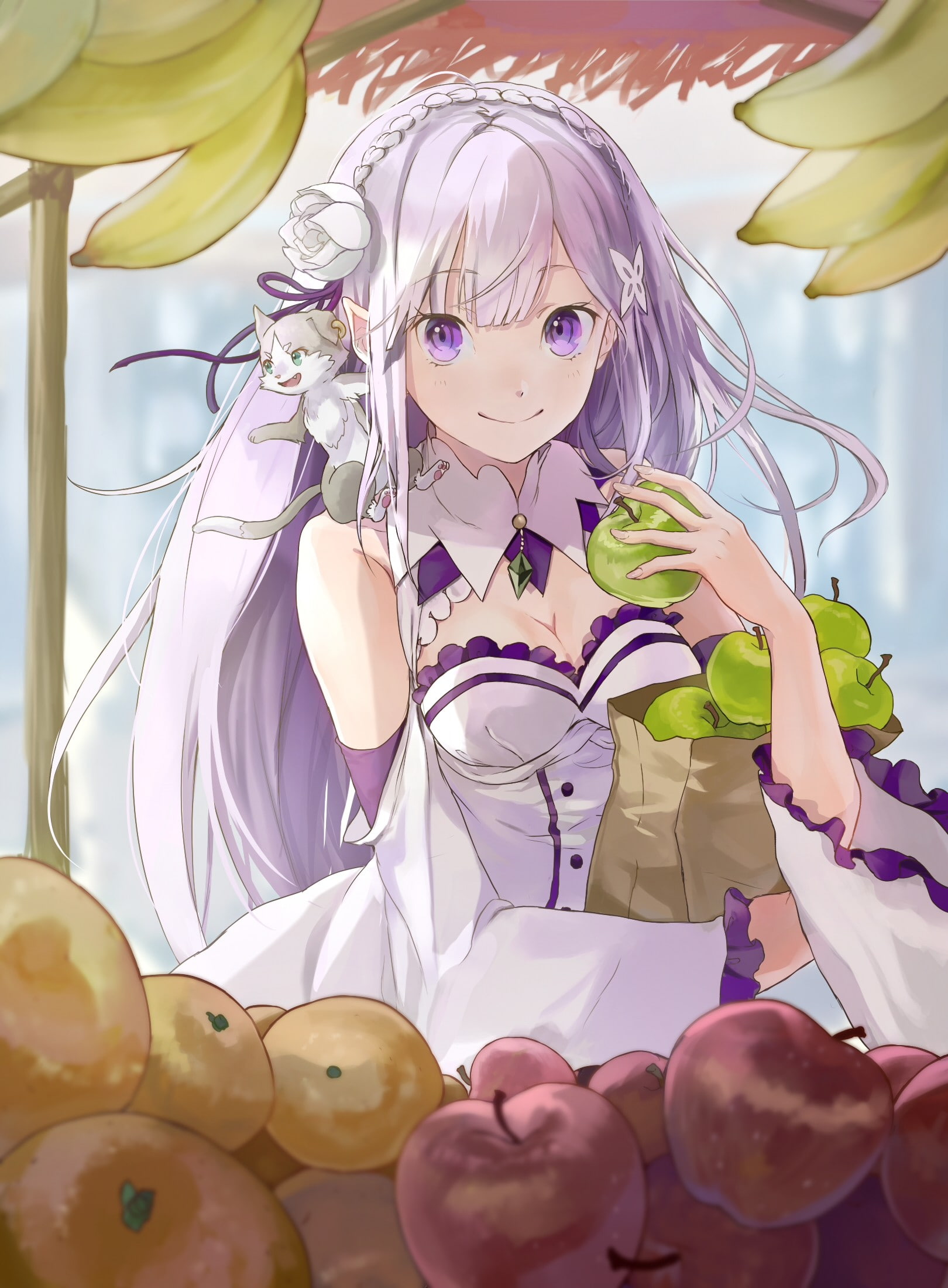 Emilia (Re: Zero), 1080P, cleavage, Re:Zero Kara Hajimeru Isekai Seikatsu, anime, dress, anime girls, long hair, Phone HD Wallpaper