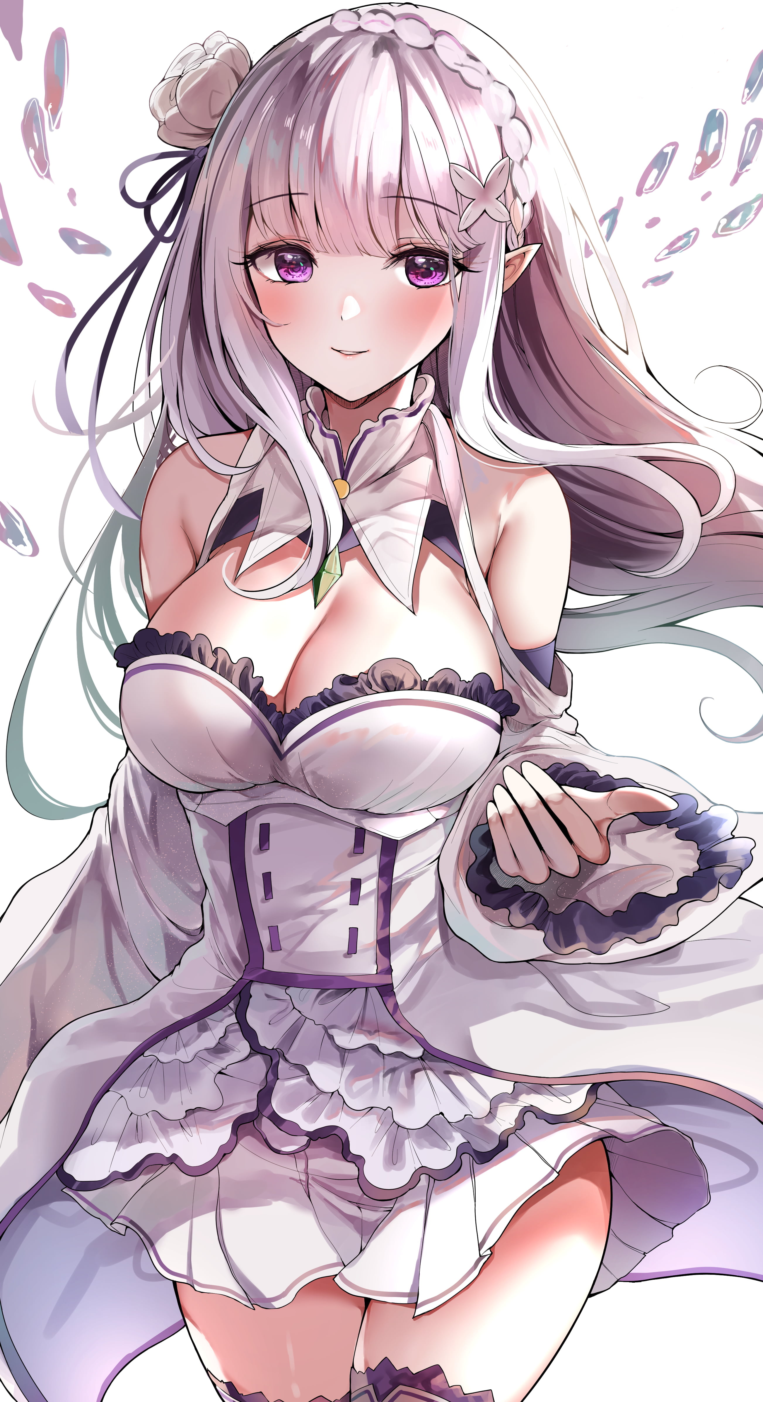 thigh-highs, braided hair, 4K, Emilia, long hair, purple eyes, bangs, Re: Life in a Different World From Zero, flower in hair, series, manga, anime, white dress, Phone HD Wallpaper