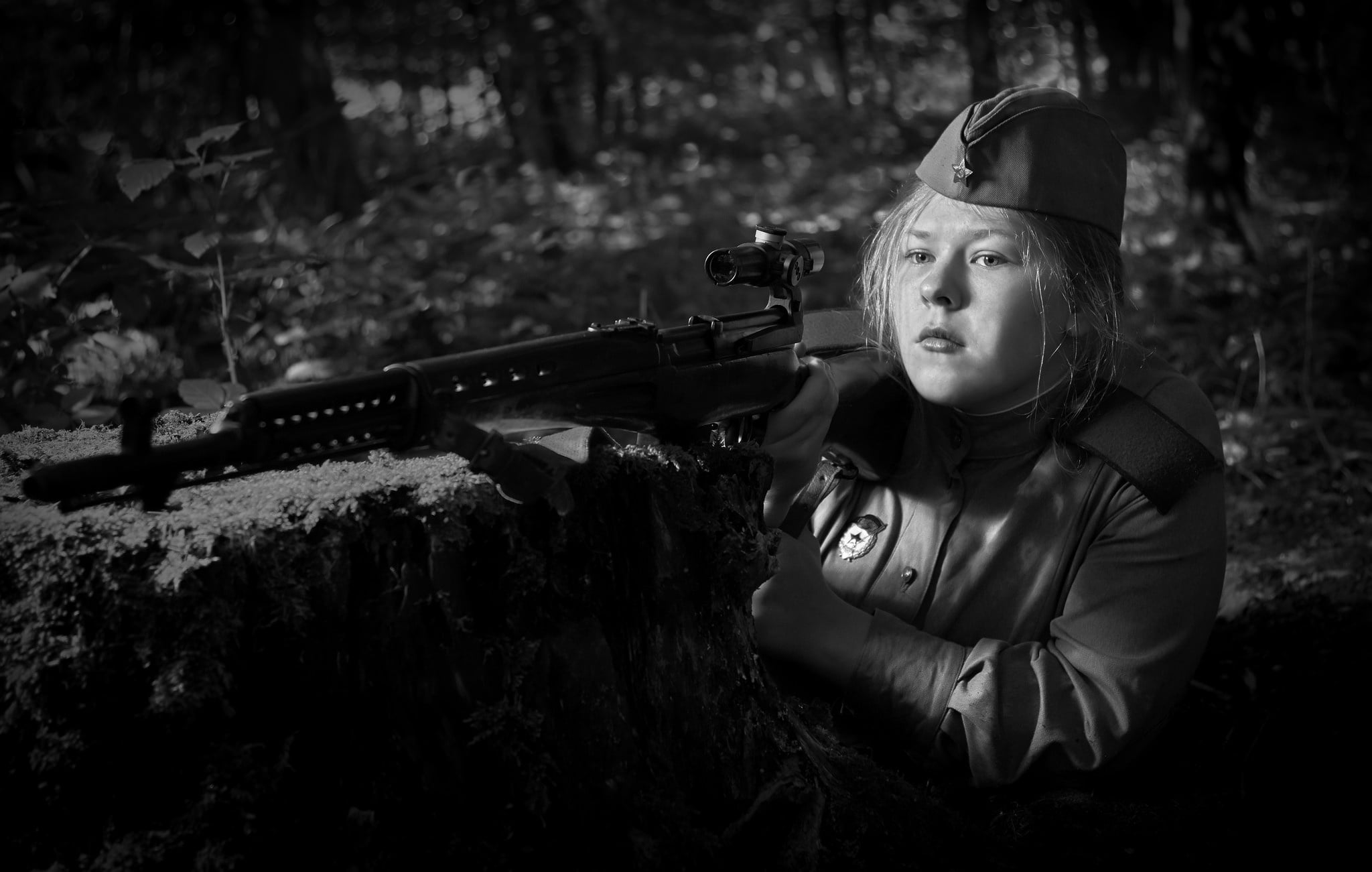 sniper, optics, " Light", 1080P, SVT-40, war, girl, black and white, The second world, WWII, Guard, photo, HD Wallpaper