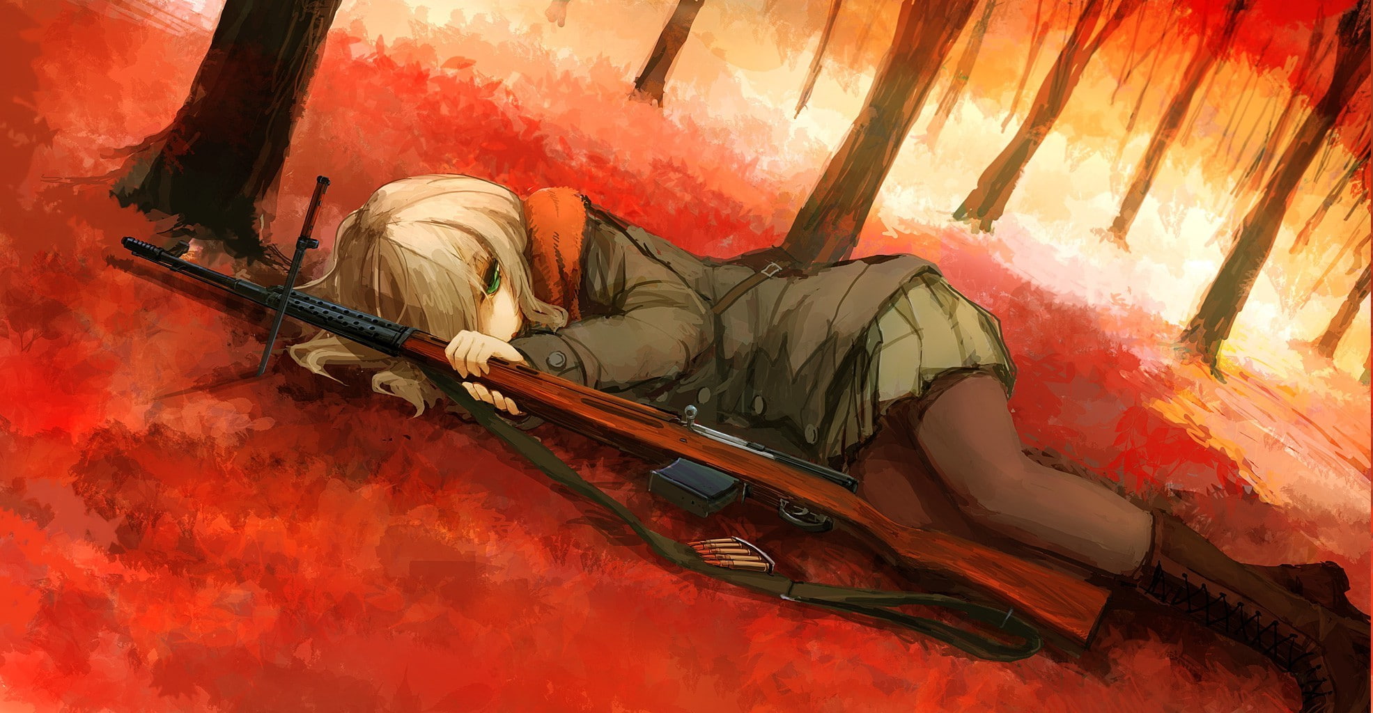 full length, anime girls anime women with guns fall weapon rifles svt 40, high angle view, women, mature adult, indoors, adult, architecture, red, working, HD Wallpaper
