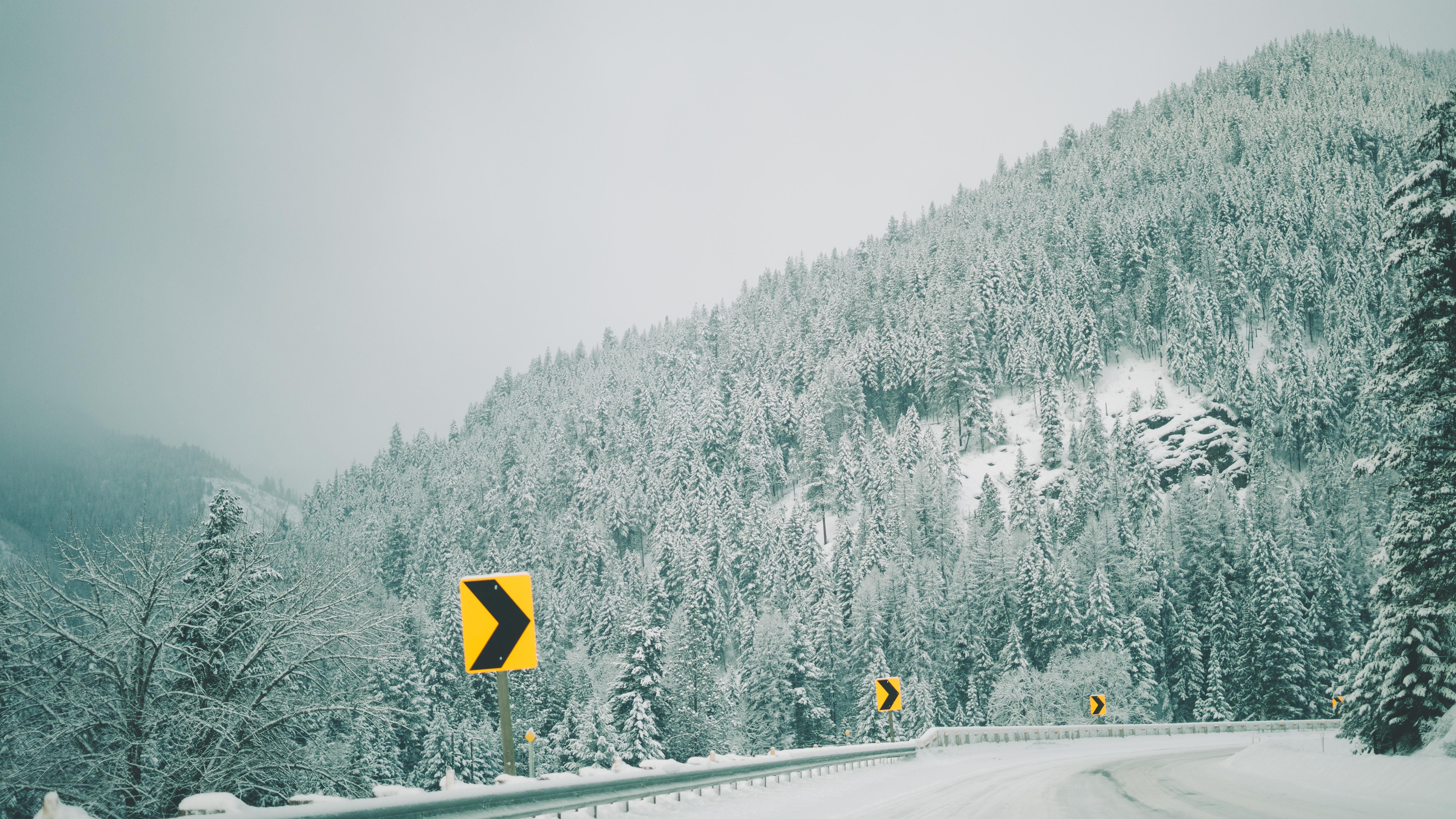 danger, right, snowing, left, mountain, 5K, signage, cold temperature, chevron, sign, daytime, pine, turn, road, near, scenics, transportation, S T, nature, HD Wallpaper