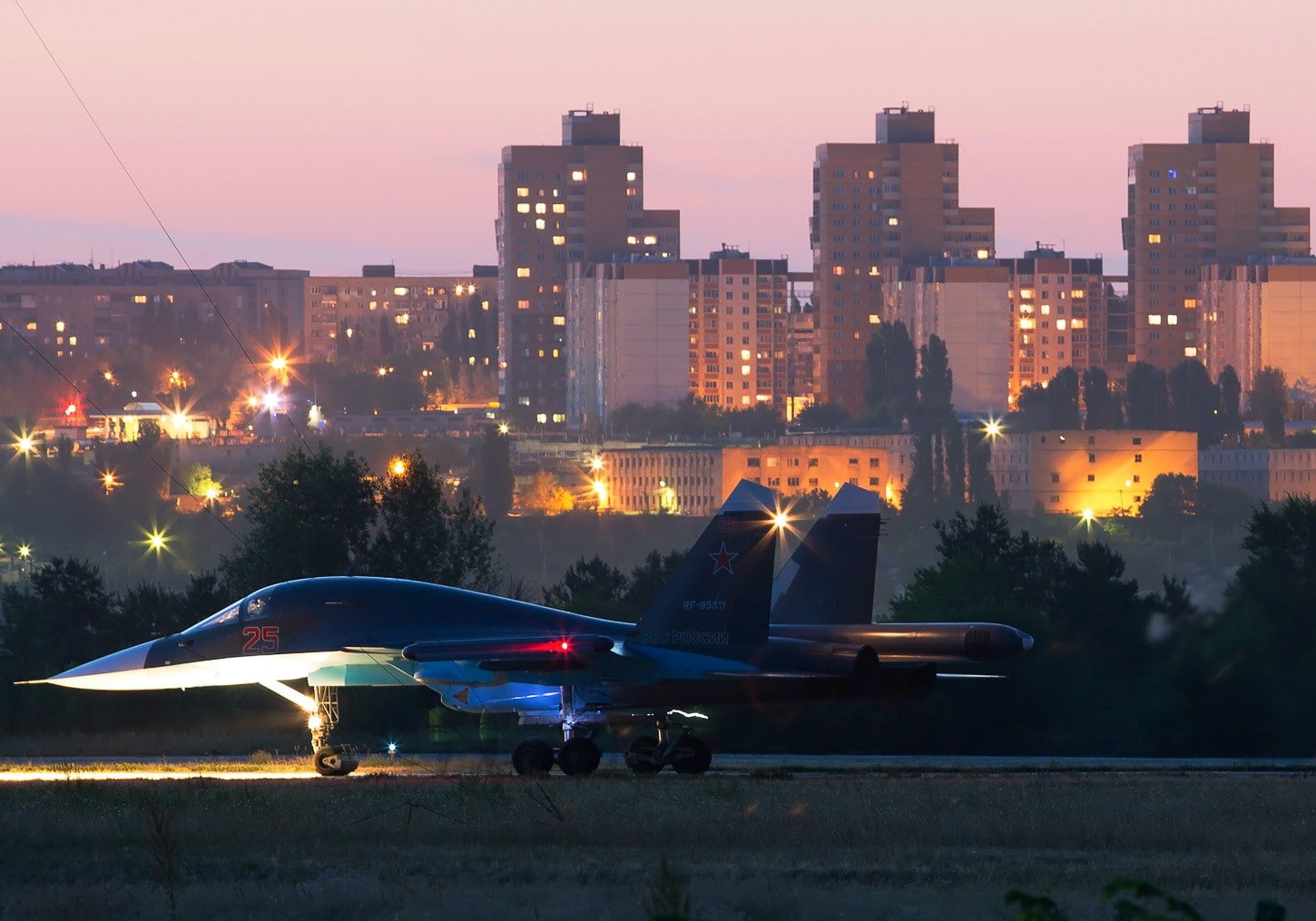 built structure, plane, sky, city, building exterior, architecture, modern, night, no people, aircraft, 720P, nature, outdoors, Sukhoi Su-34, dusk, illuminated, HD Wallpaper