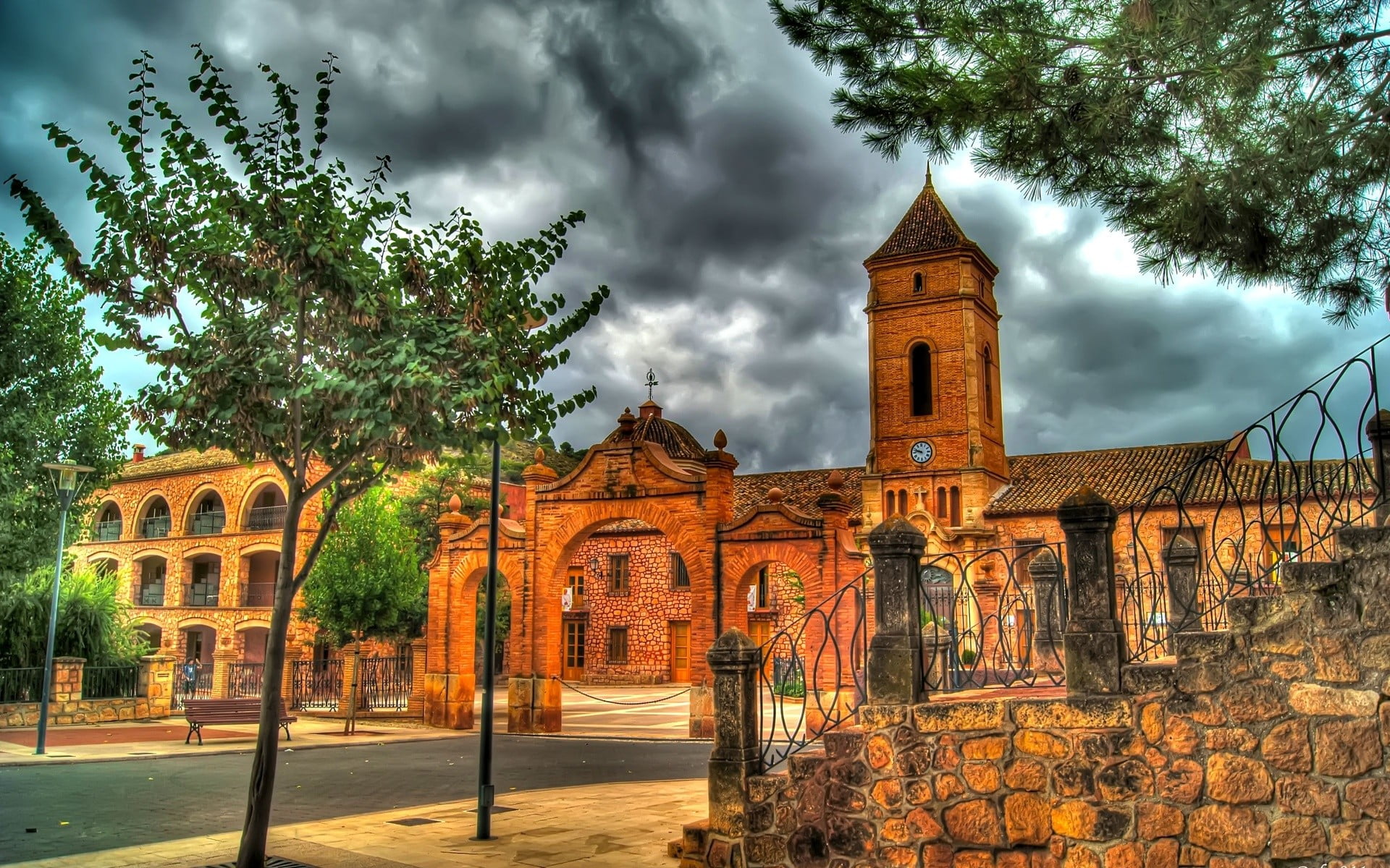 urban, outdoors, nature, no people, architecture, 1080P, building, concrete, tree, cloud - sky, HDR, spirituality, tower, the past, religion, church, brown, HD Wallpaper