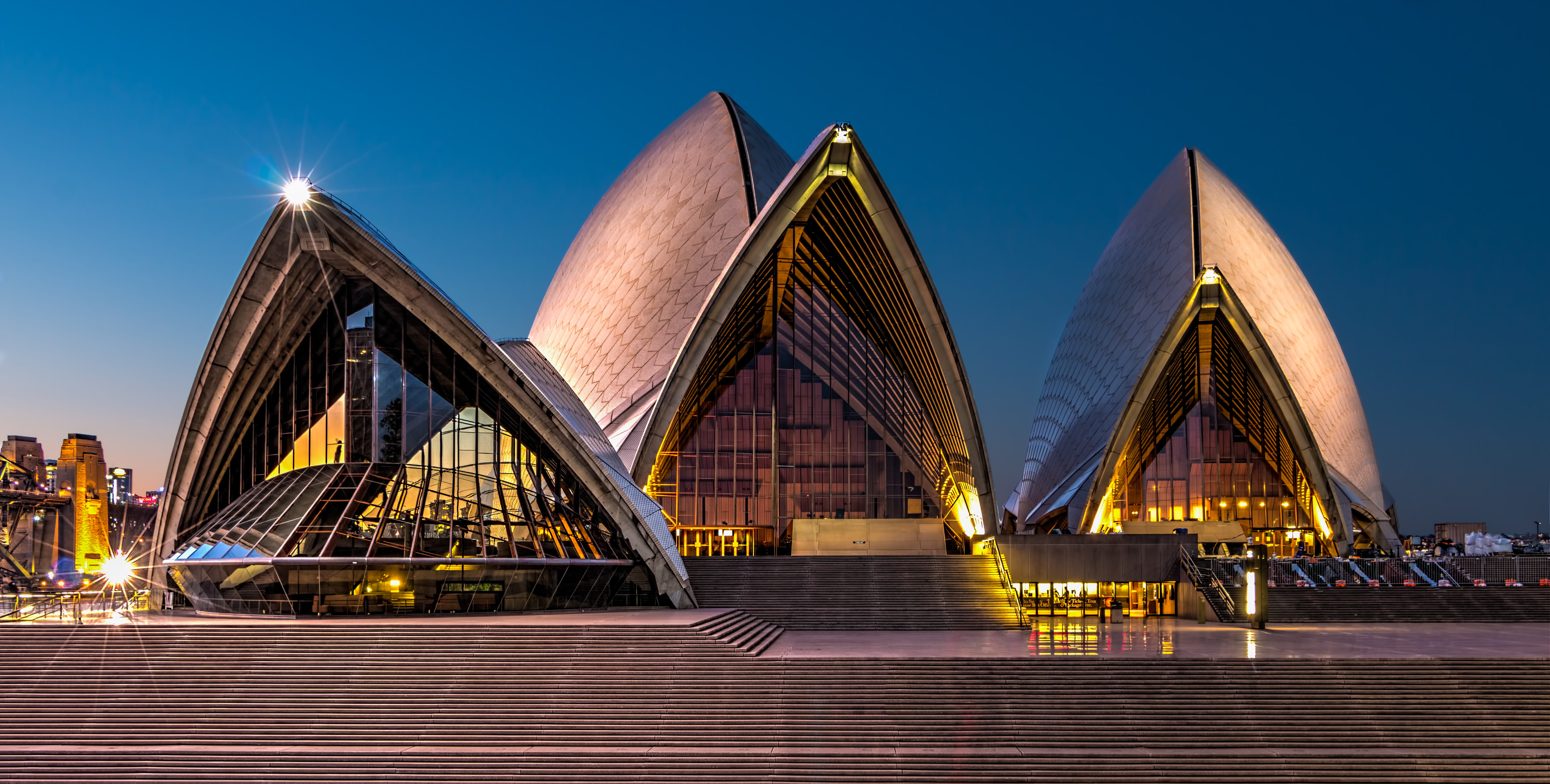 grand, window, architecture, 5K, outdoors, opera house, steps, cityscape, blue, city, australia, house, no people, opera, sky, lights, building exterior, HD Wallpaper