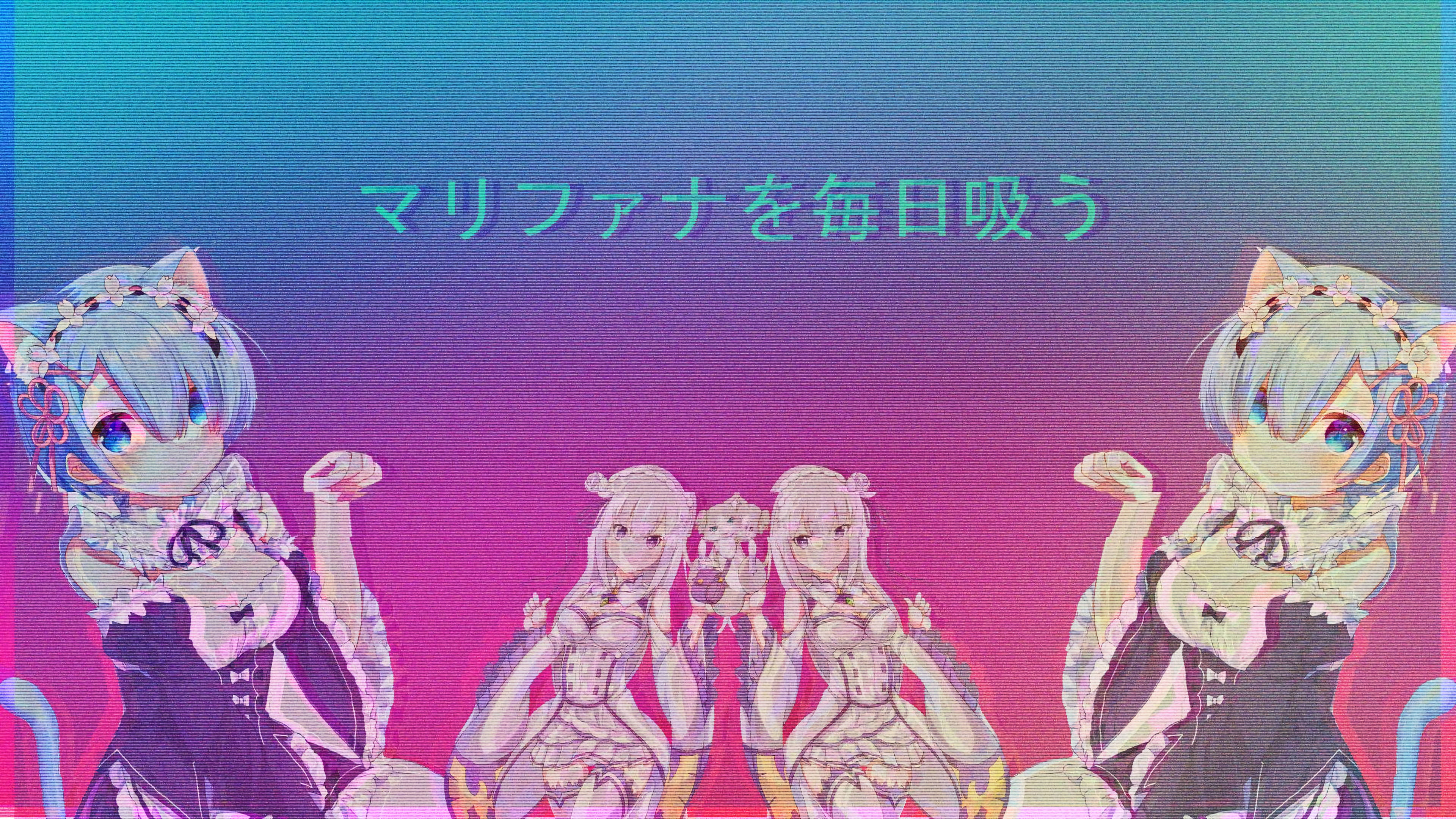 vaporwave, wall - building feature, communication, Retro style, Emilia (Re: Zero), representation, anime girls, no people, close-up, 4K, human representation, HD Wallpaper