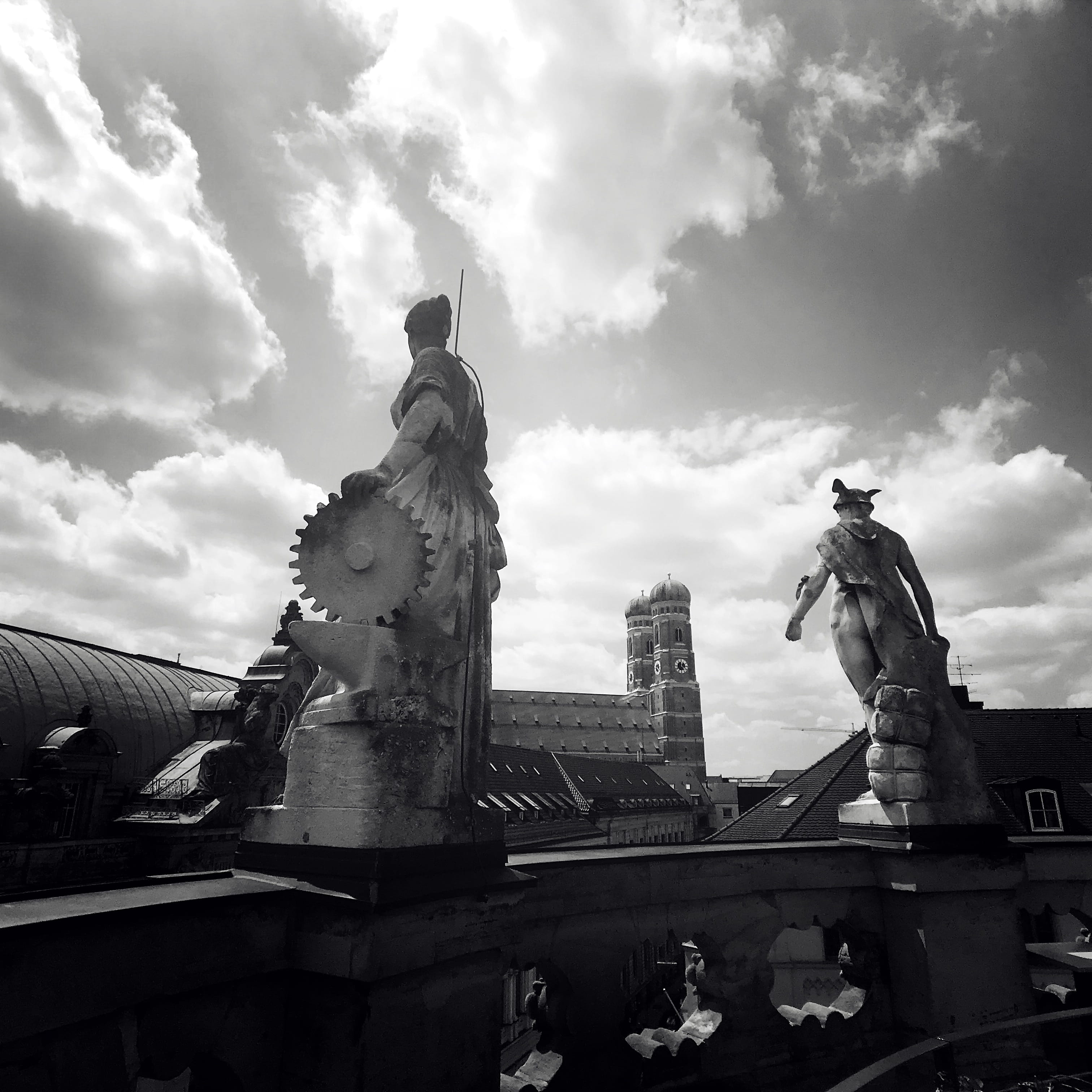 roof, day, statue, art and craft, clouds, creativity, male likeness, no people, high, built structure, rooftop, history, nature, building exterior, cloud - sky, Phone HD Wallpaper