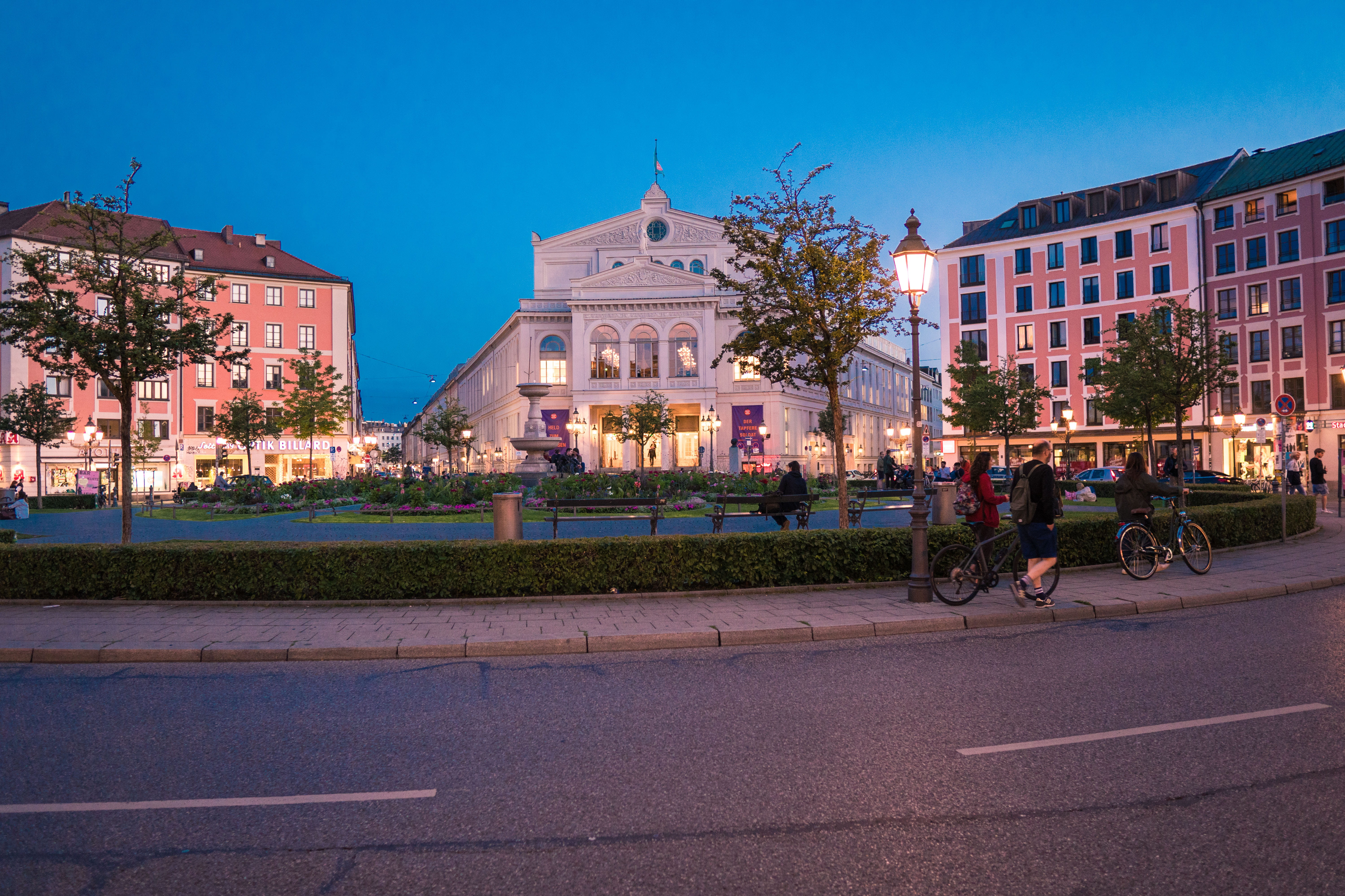 street, travel destinations, sky, outdoors, road, tree, transportation, architecture, night light, plant, city life, blue, city, germany, dusk, gärtnerplatz, HD Wallpaper