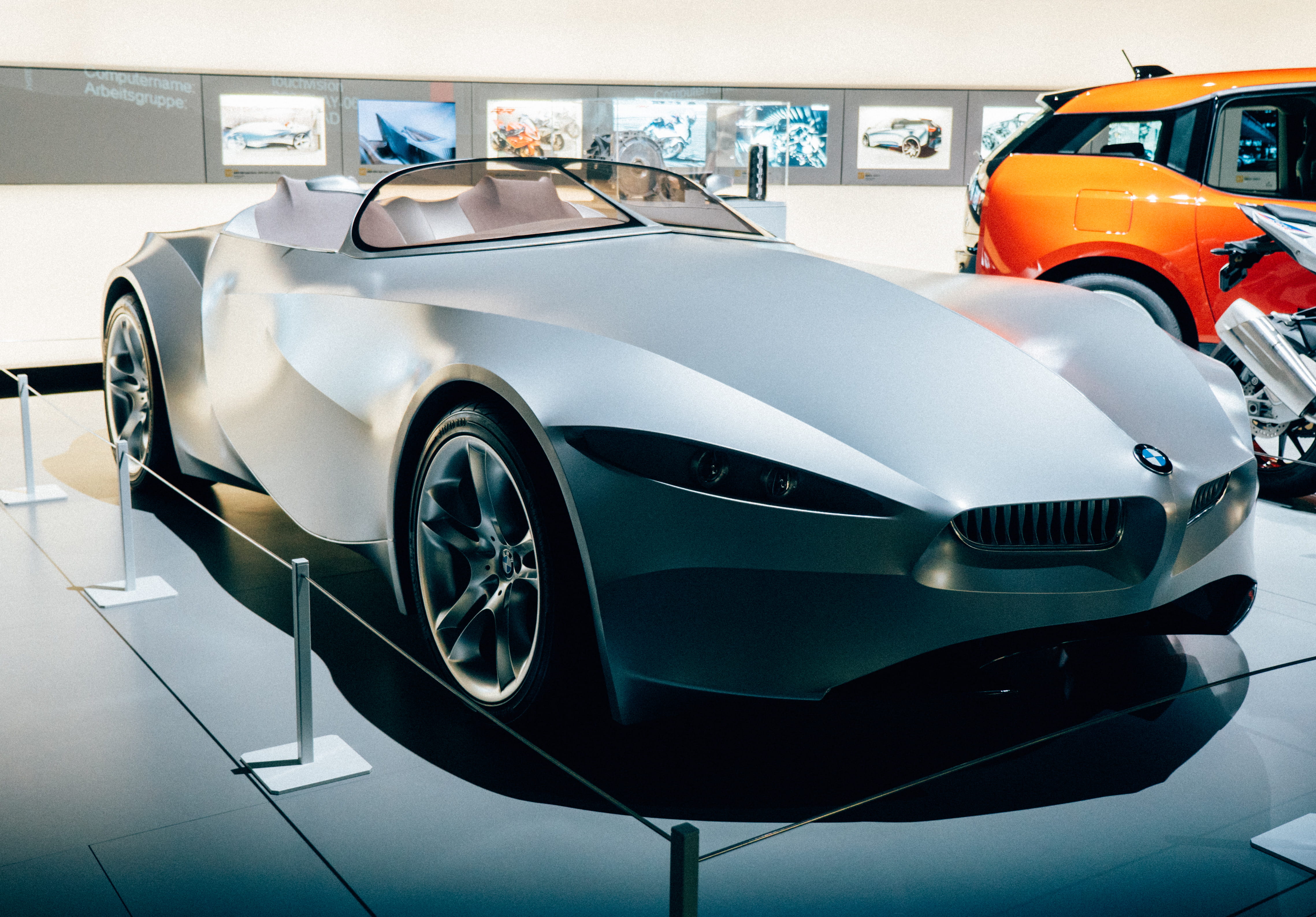 bmw, munich, car, day, motor vehicle, shiny, front view, silver colored, transportation, münchen, sports car, sport, indoors, reflection, close-up, land vehicle, HD Wallpaper