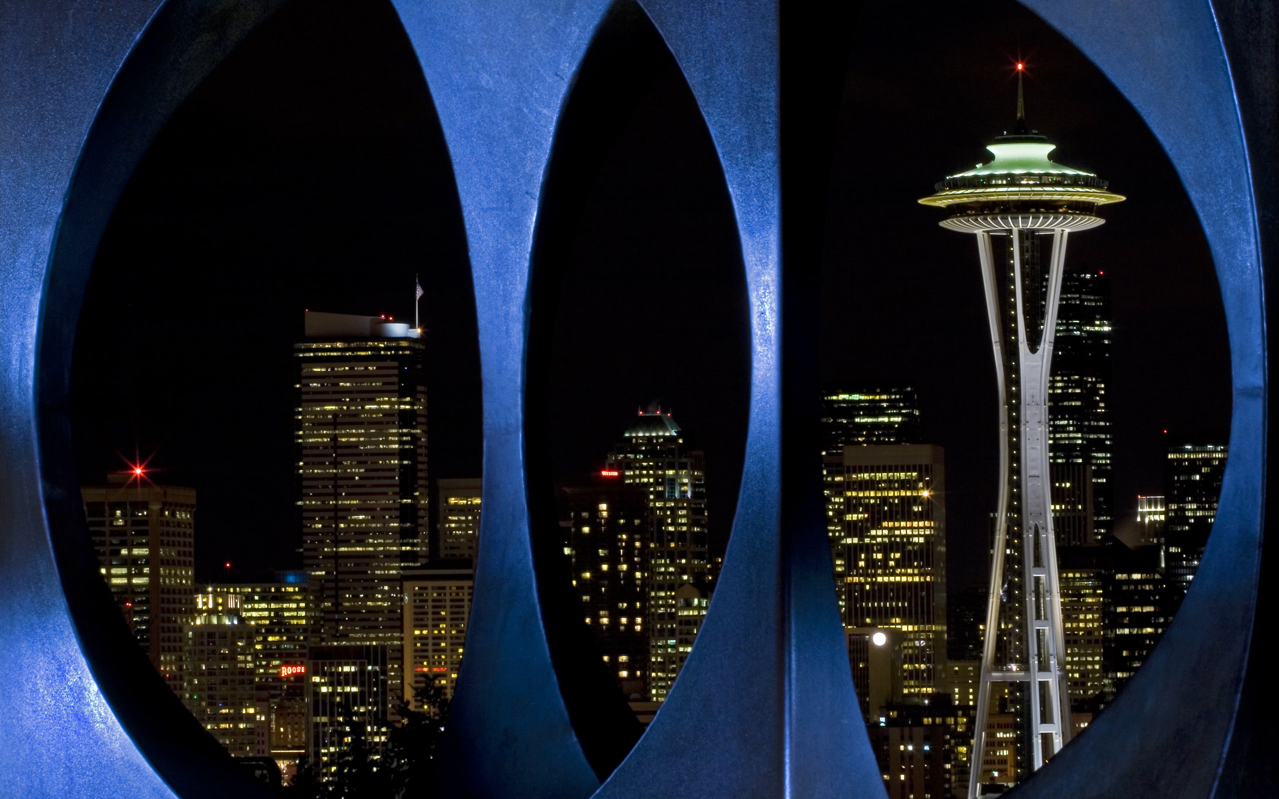 distant, spaceneedle, cityscape, no people, illuminated, built structure, modern, blue, skyline, travel, scupture, city, tower, sky, nature, architecture, HD Wallpaper