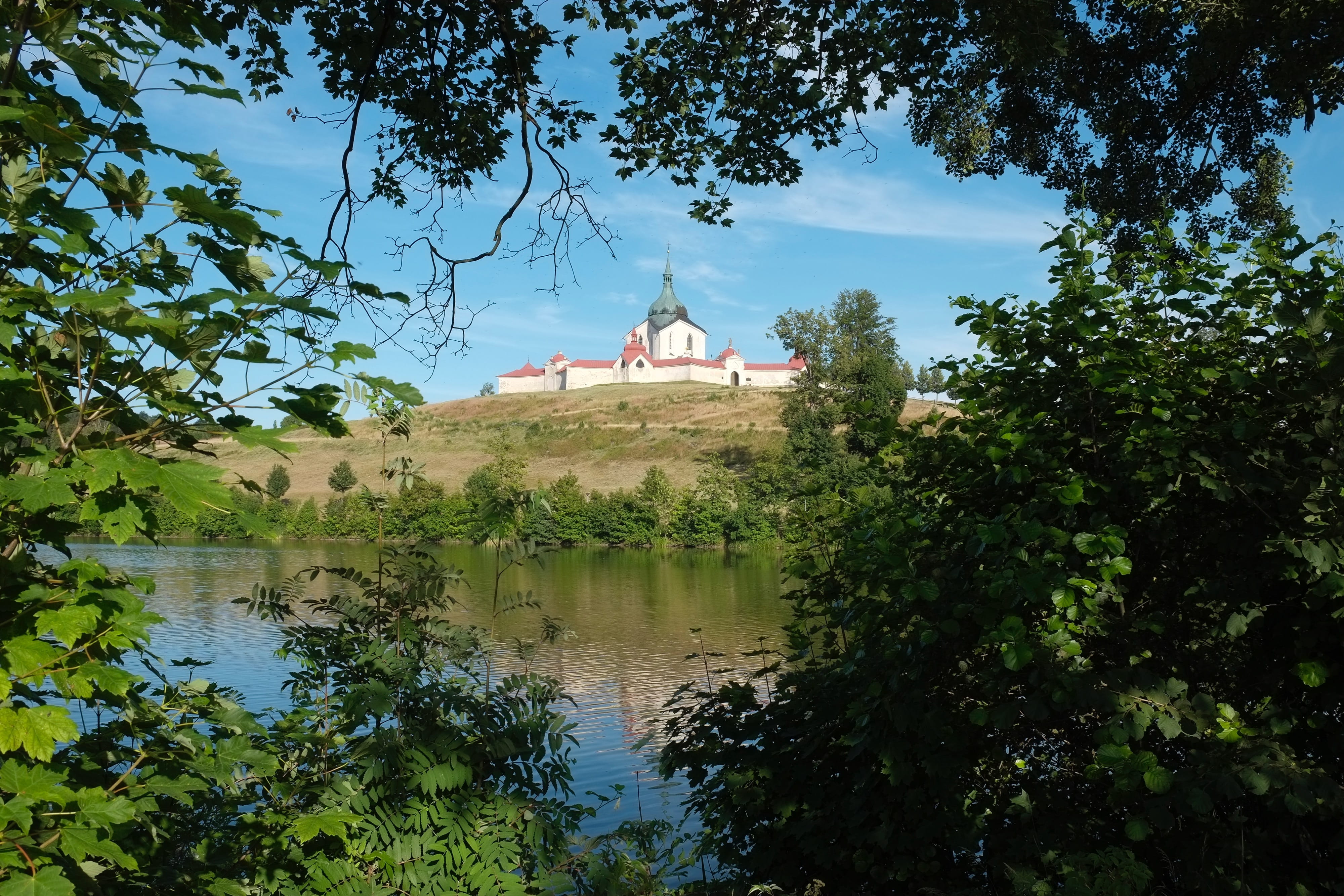 sky, day, czechia, building, zelena hora, belief, spirituality, hill, plant, reflection, 4K, santiny, lake, church, growth, religion, tree, monastery, HD Wallpaper