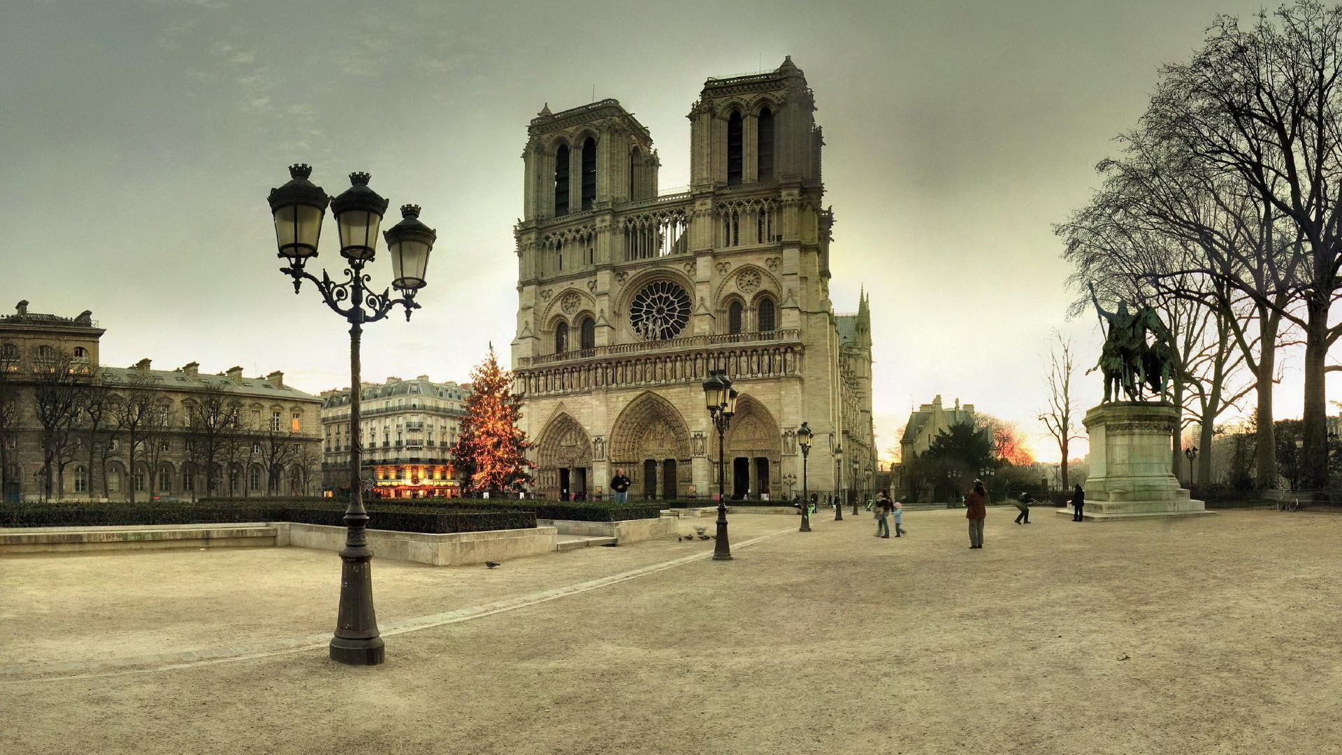 city, dame, notre, cathedral, rotunda, christmas, tree, nature and landscapes, 1080P, HD Wallpaper