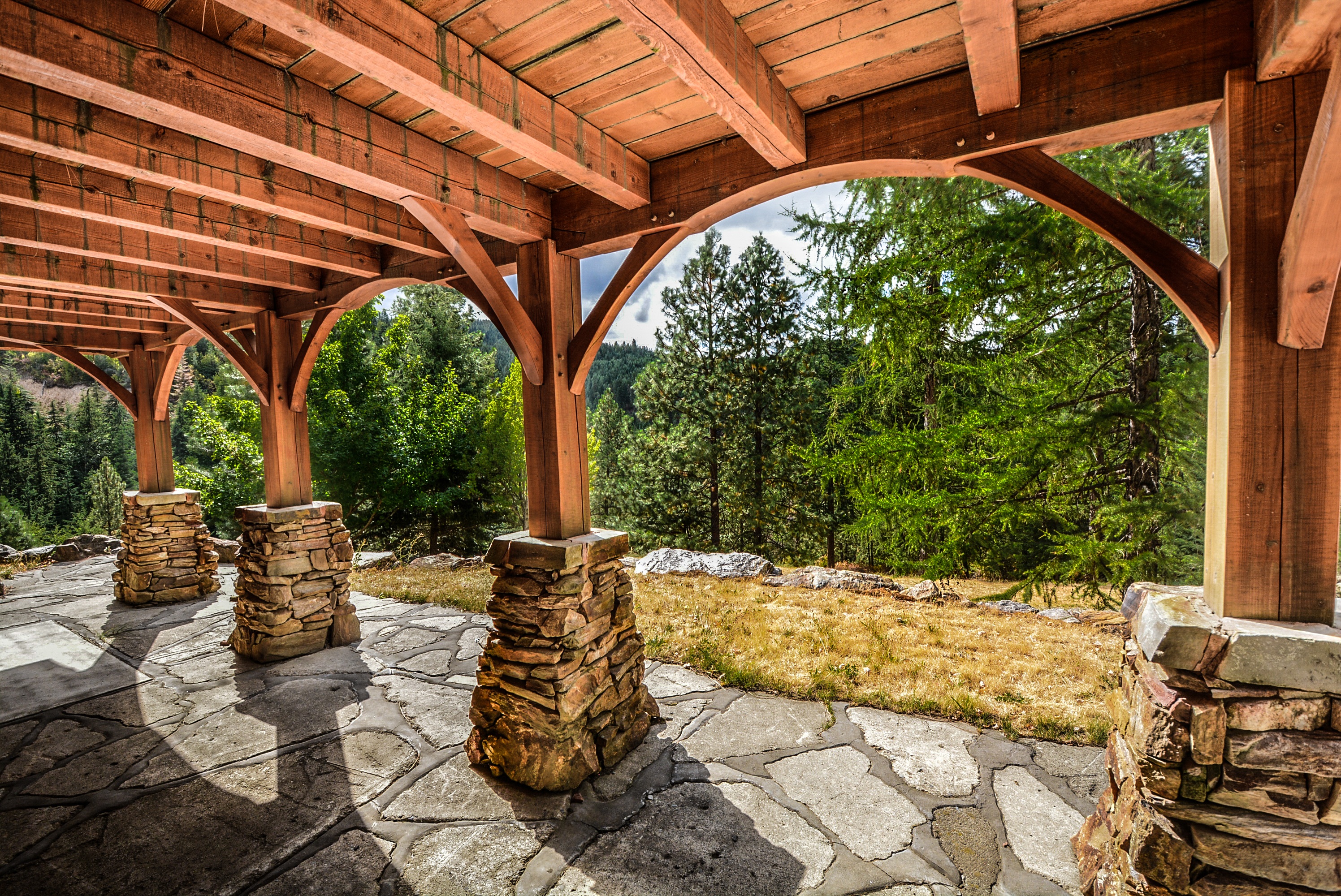 deck, formal garden, nature, mountains, built structure, solid, log, architecture, stone material, slate, roof, sunlight, garden, ornamental garden, construction, HD Wallpaper