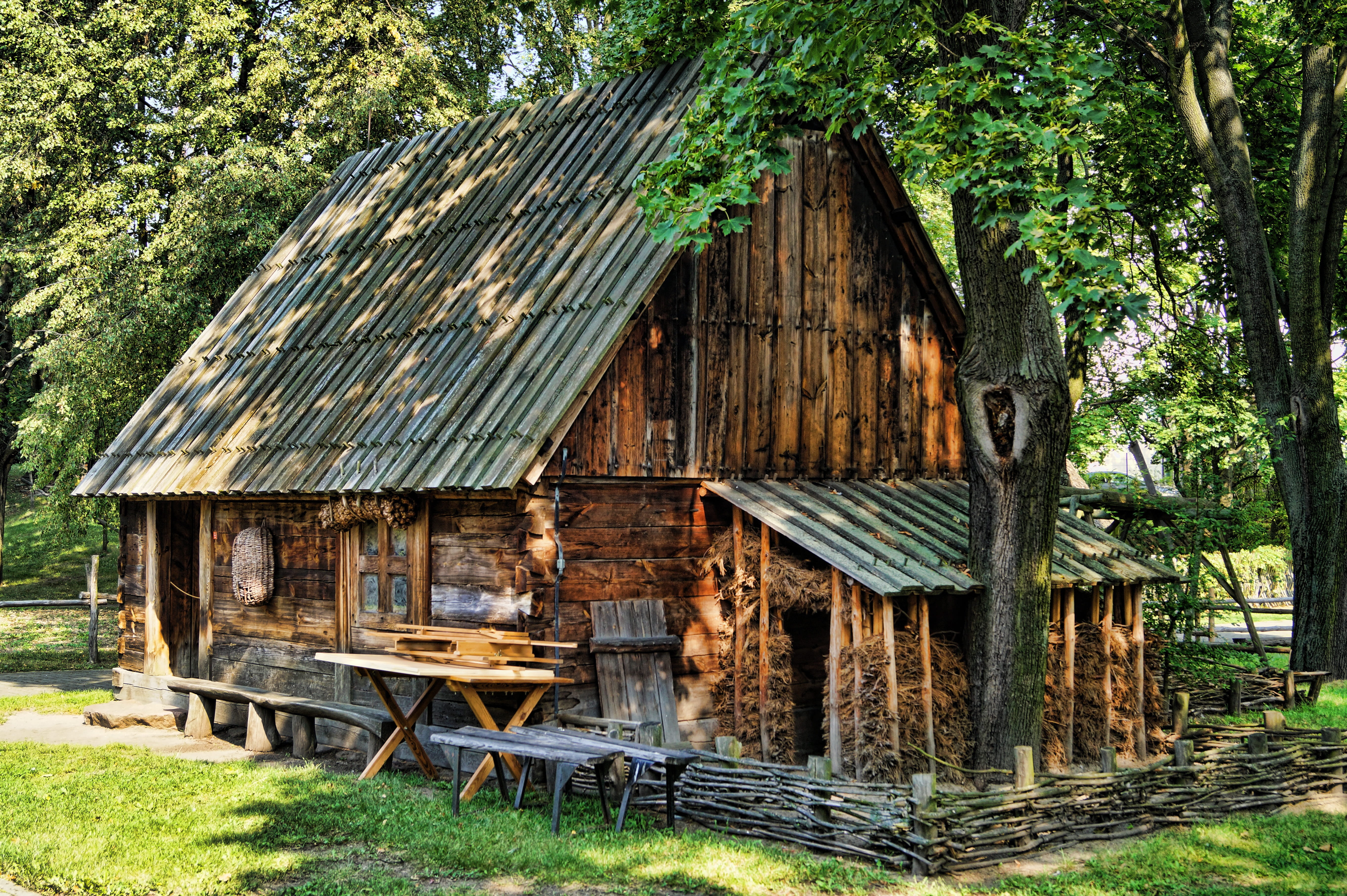 hut, forest, no people, monument, plant, old, rural architecture, Open Air Museum, wood - material, green color, window, Green, rural cottage, tree, house, HD Wallpaper
