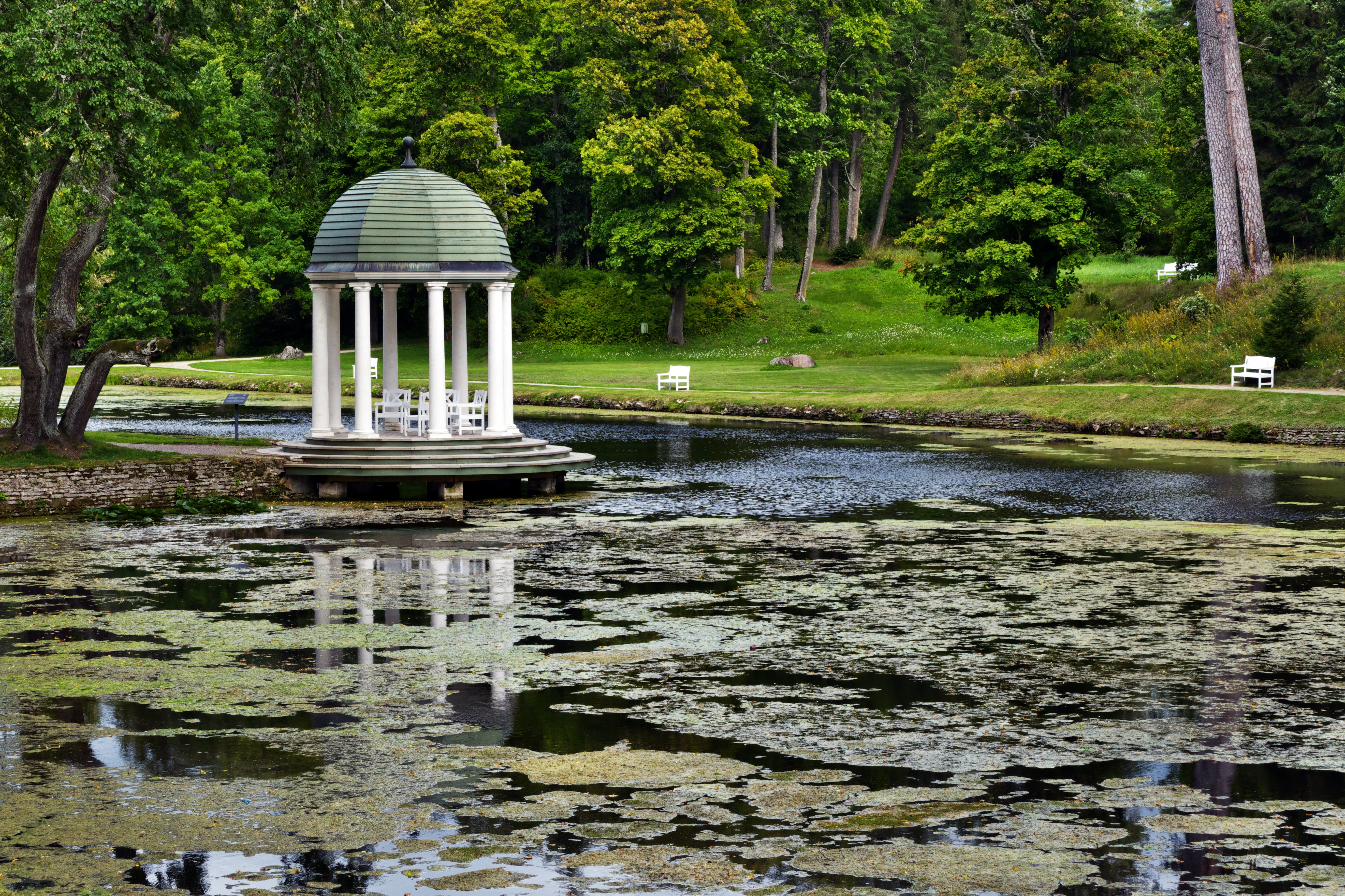 built structure, museum, garden, baltic states, places of interest, tree, nature, manor, reflection, pods, formal garden, 5K, tourism, tranquility, lily, HD Wallpaper