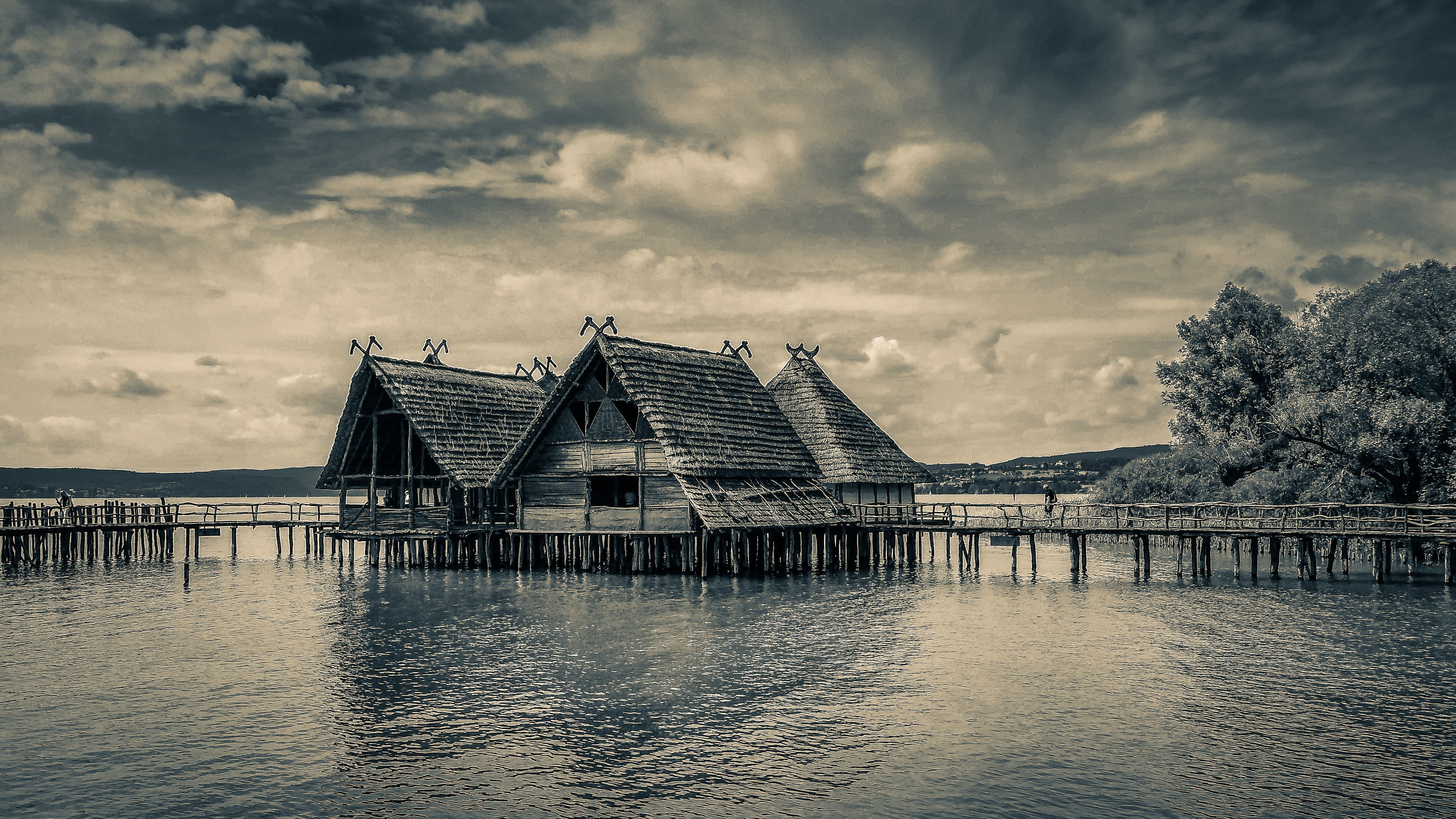 beauty in nature, waterfront, nature, no people, sea, cloud - sky, stilt house, house, built structure, stilt village, wooden dwellings, pile dwelling museum, HD Wallpaper