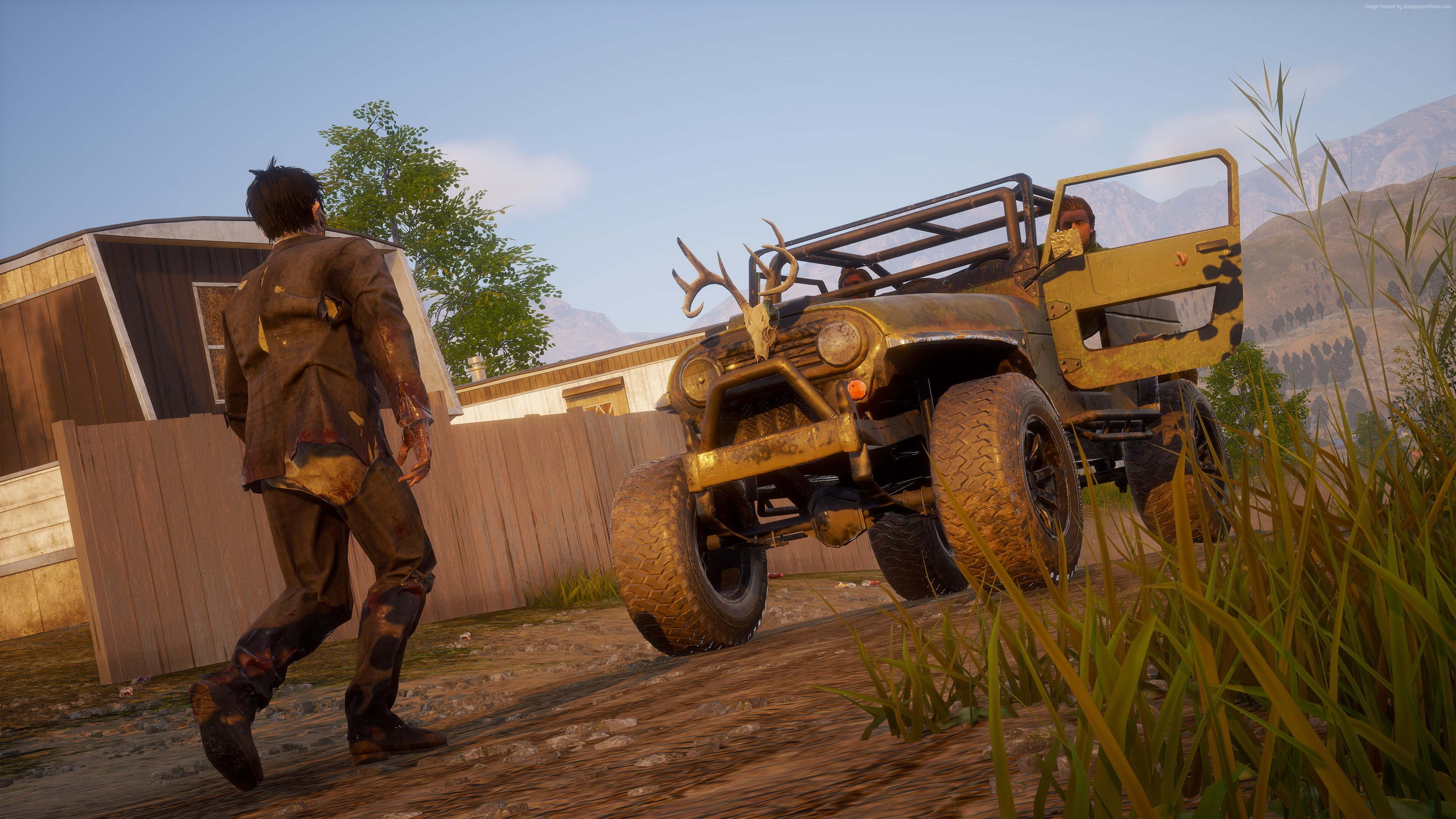 motor vehicle, motion, sky, screenshot, nature, mode of transportation, land vehicle, plant, outdoors, full length, 4K, machinery, State of Decay 2, occupation, HD Wallpaper