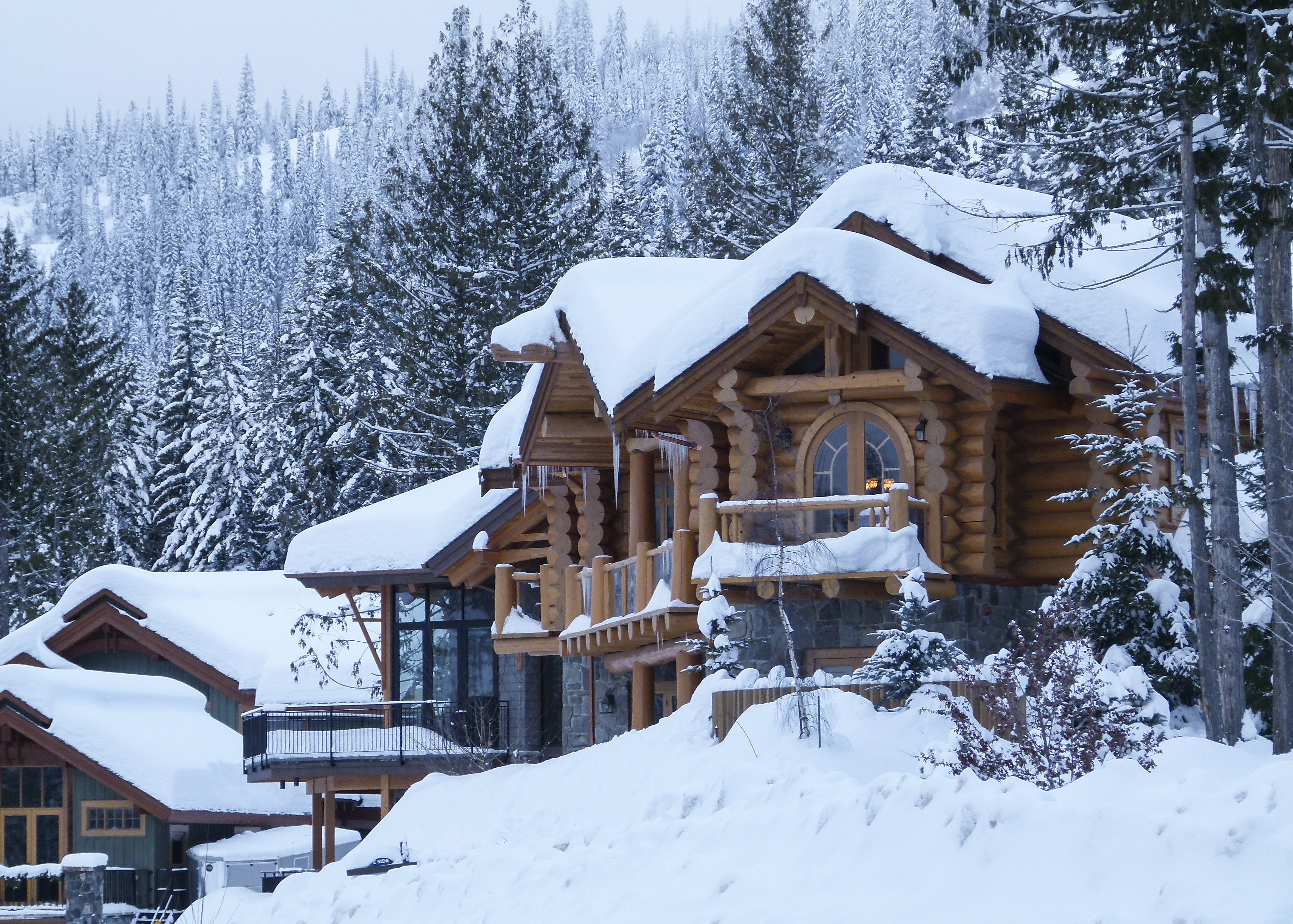 log home, covering, built structure, architecture, mountain, plant, landscape, frozen, outdoors, powder snow, beauty in nature, day, snow, cold temperature, HD Wallpaper