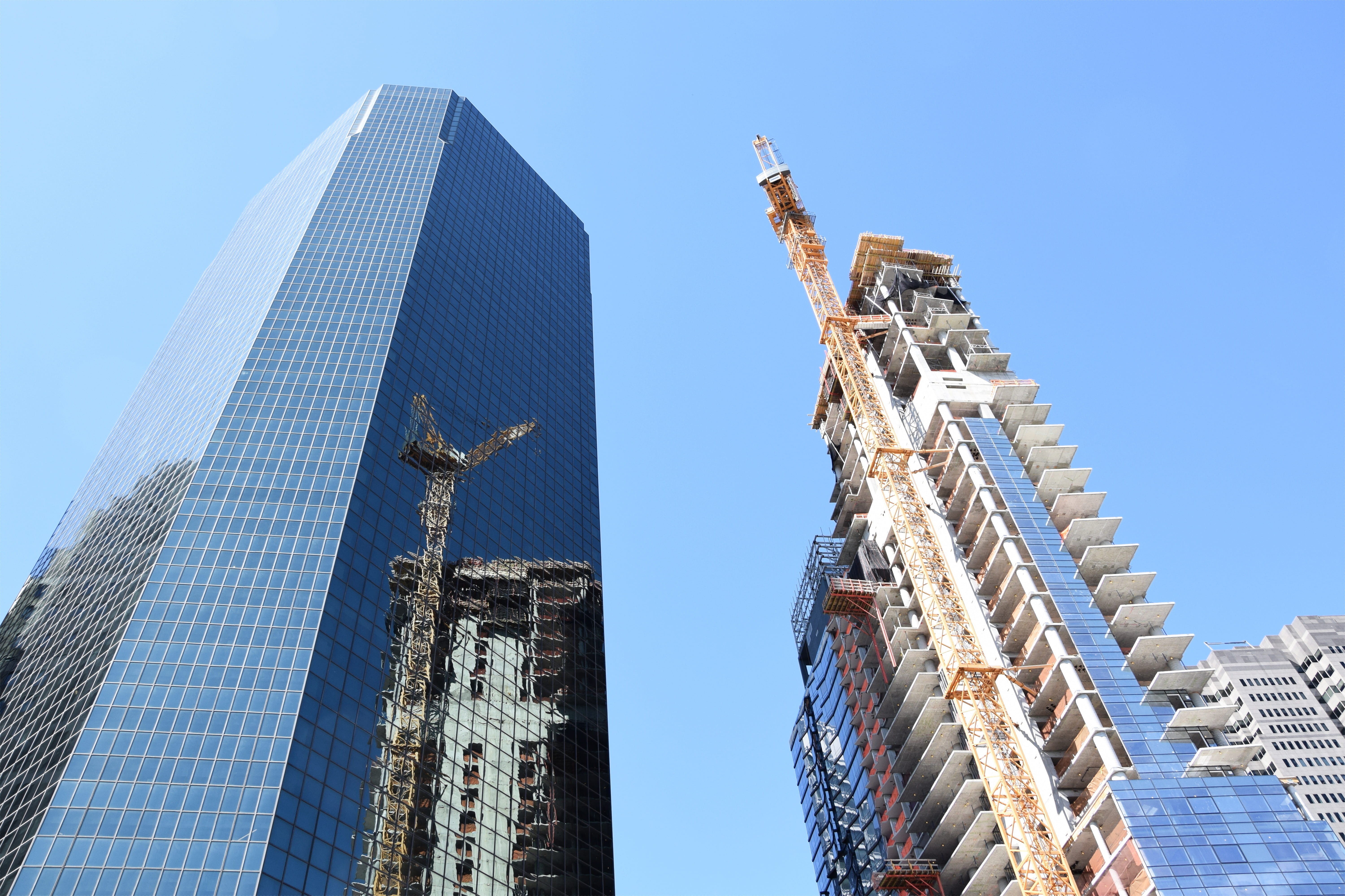 glass, travel destinations, financial district, building, facade, built structure, nature, low, usa, travel, building exterior, clear sky, reflection, sky, HD Wallpaper