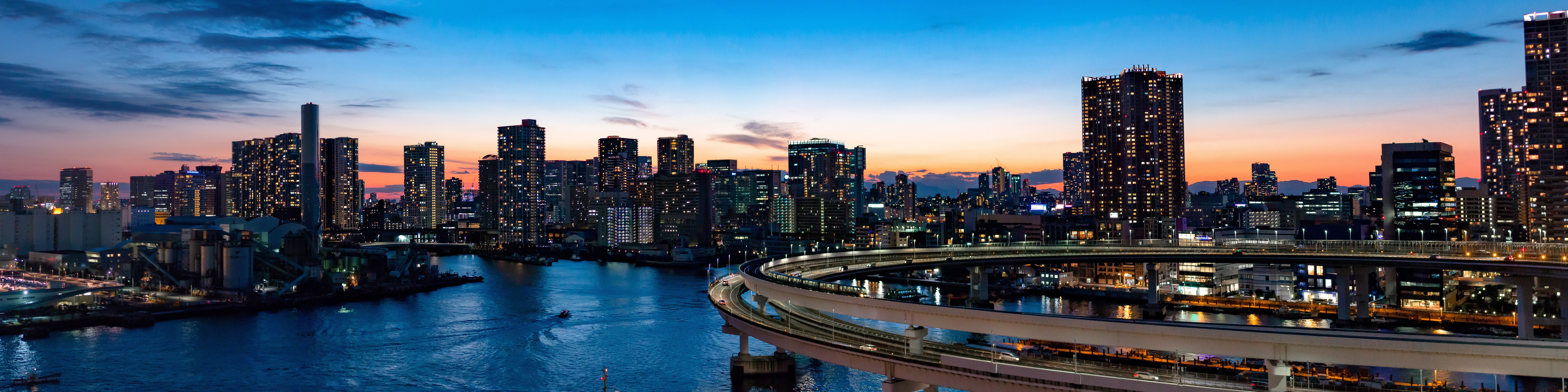 clouds, building, lights, sea, downtown district, nature, skyscraper, office building exterior, sky, night, development, city life, transportation, outdoors, HD Wallpaper