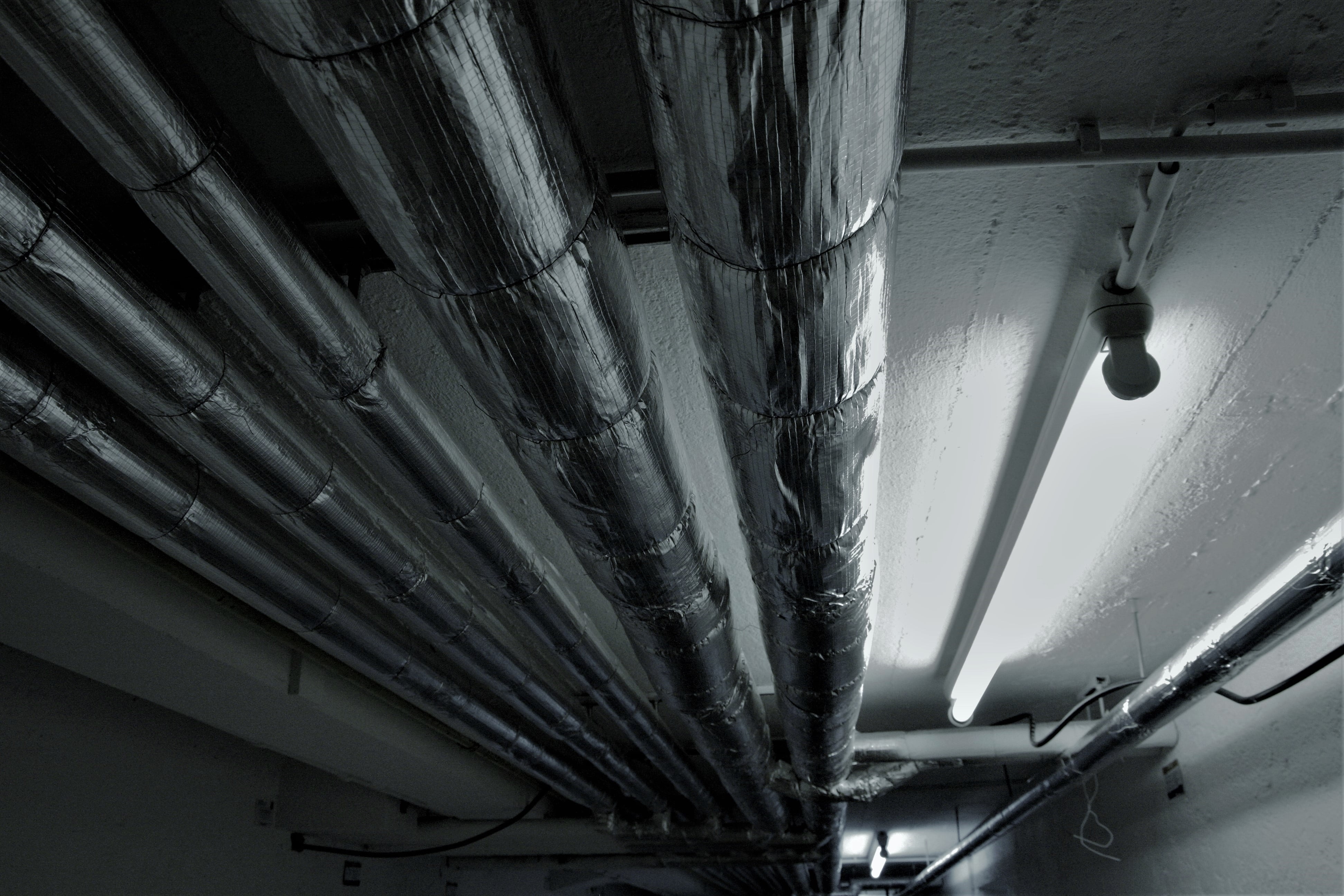 low angle view, pipes, unshrouded, turned, lighting, basement, architecture, roof beam, no people, day, bulbs, ceiling lamp, 4K, lamp, supply lines, indoors, HD Wallpaper