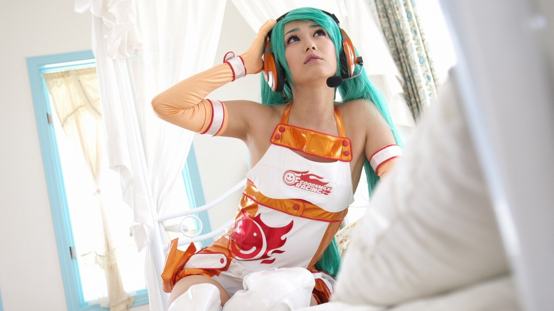 young Adult, adults Only, indoors, clothing, Cosplay, relaxation, living Room, orange, young Women, apron, adult, Hatsune Miku, white, curtain, lifestyles, HD Wallpaper