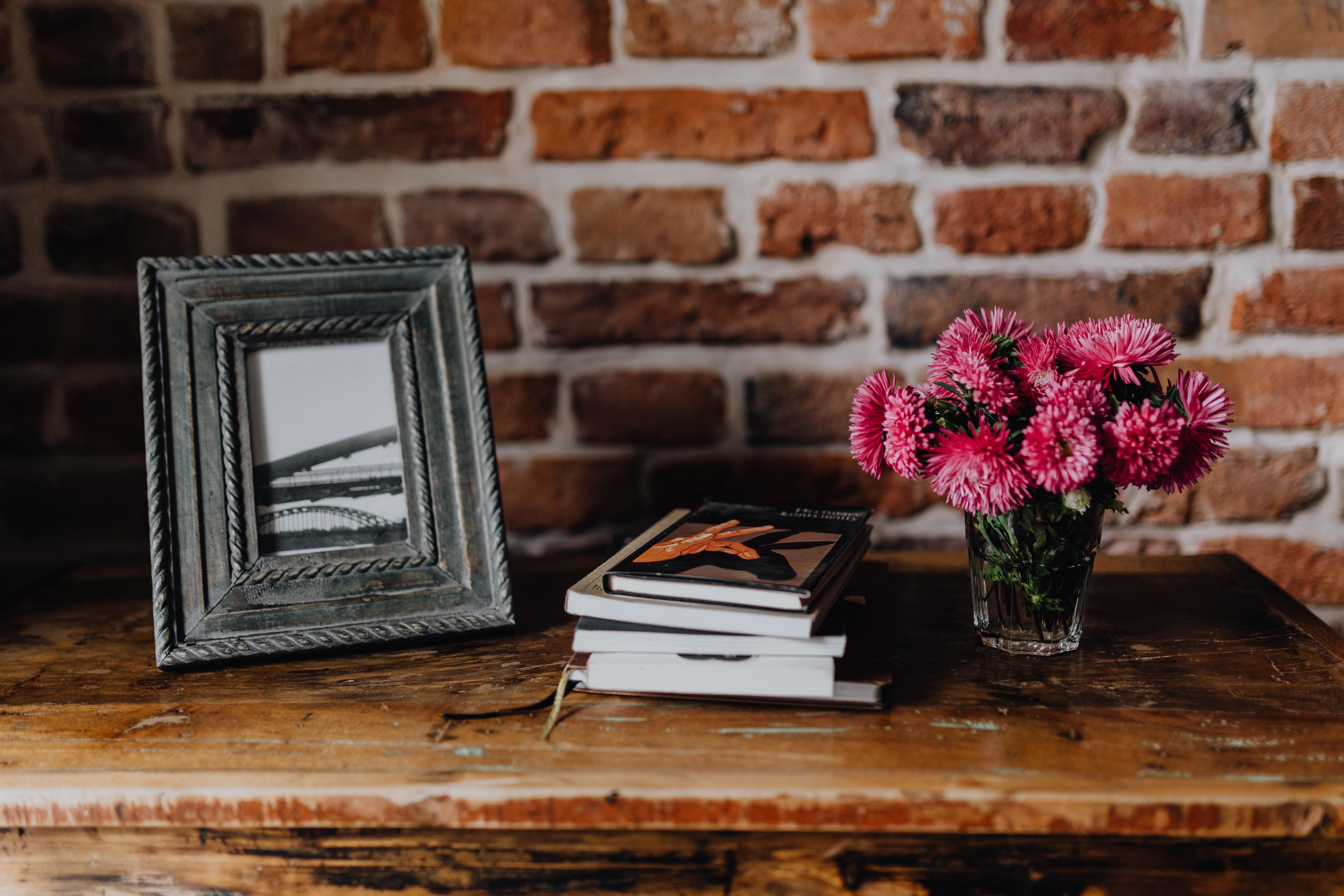 wall - building feature, furniture, 5K, plant, pink, wooden, photo, publication, selective focus, freshness, close-up, indoors, flowering plant, books, HD Wallpaper