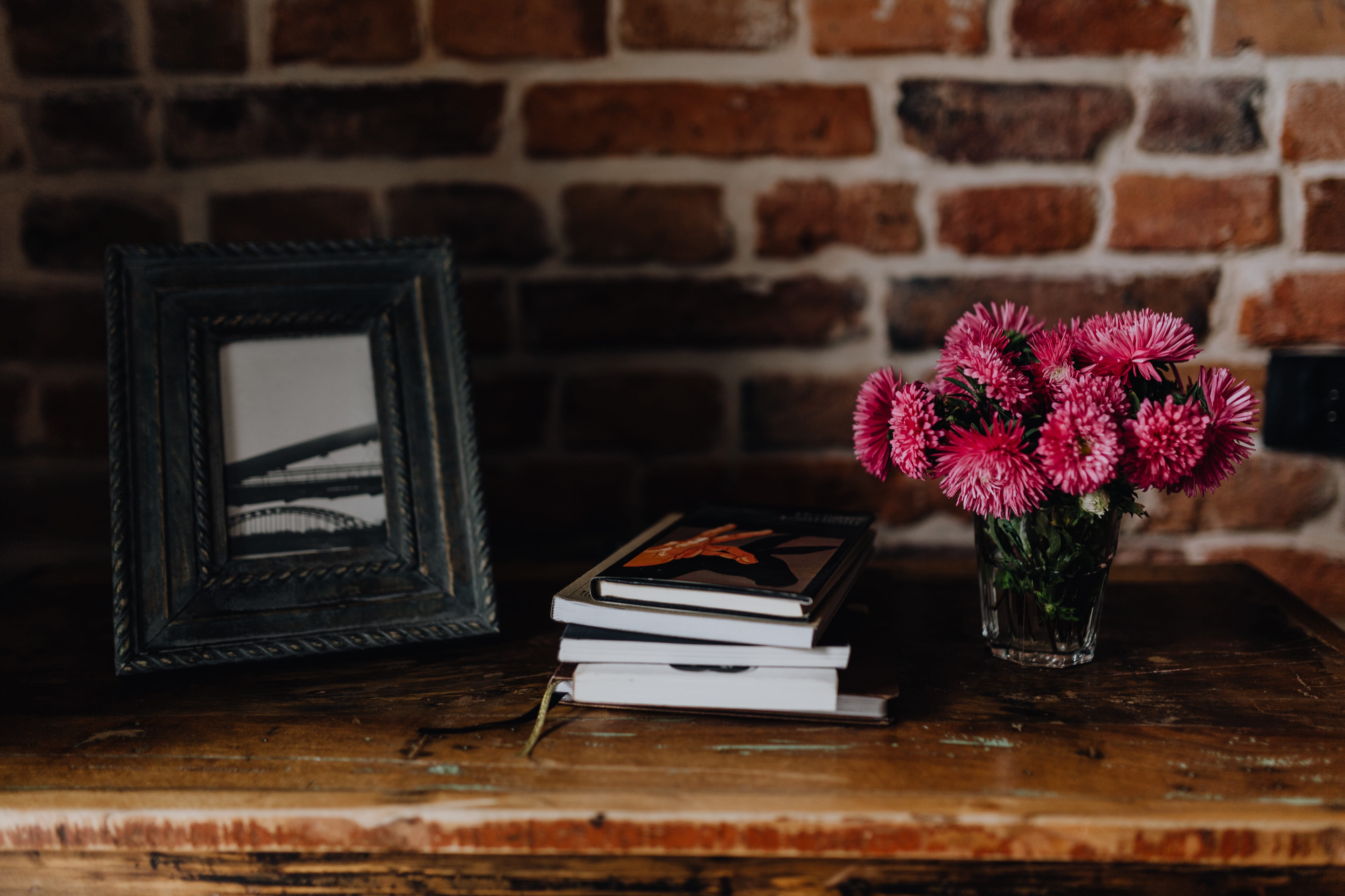 flower, photo, photo frame, nature, flowers, books, pink, commode, frame, table, 5K, wood - material, freshness, publication, wooden furniture, brick wall, HD Wallpaper