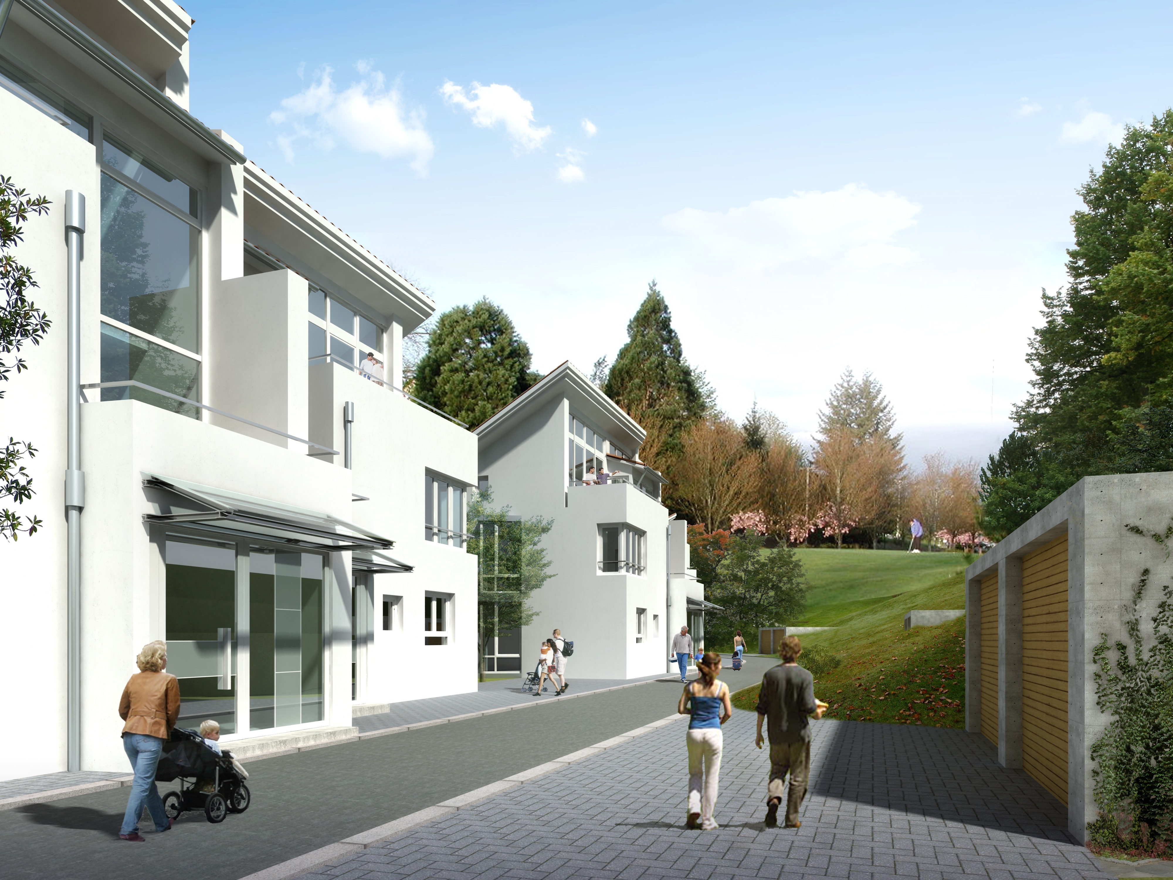 gray, domestic animals, 4K, multi-family home, architecture, villa, lifestyles, walk, rendering, man, men, plant, visualization, real people, tree, residential district, HD Wallpaper