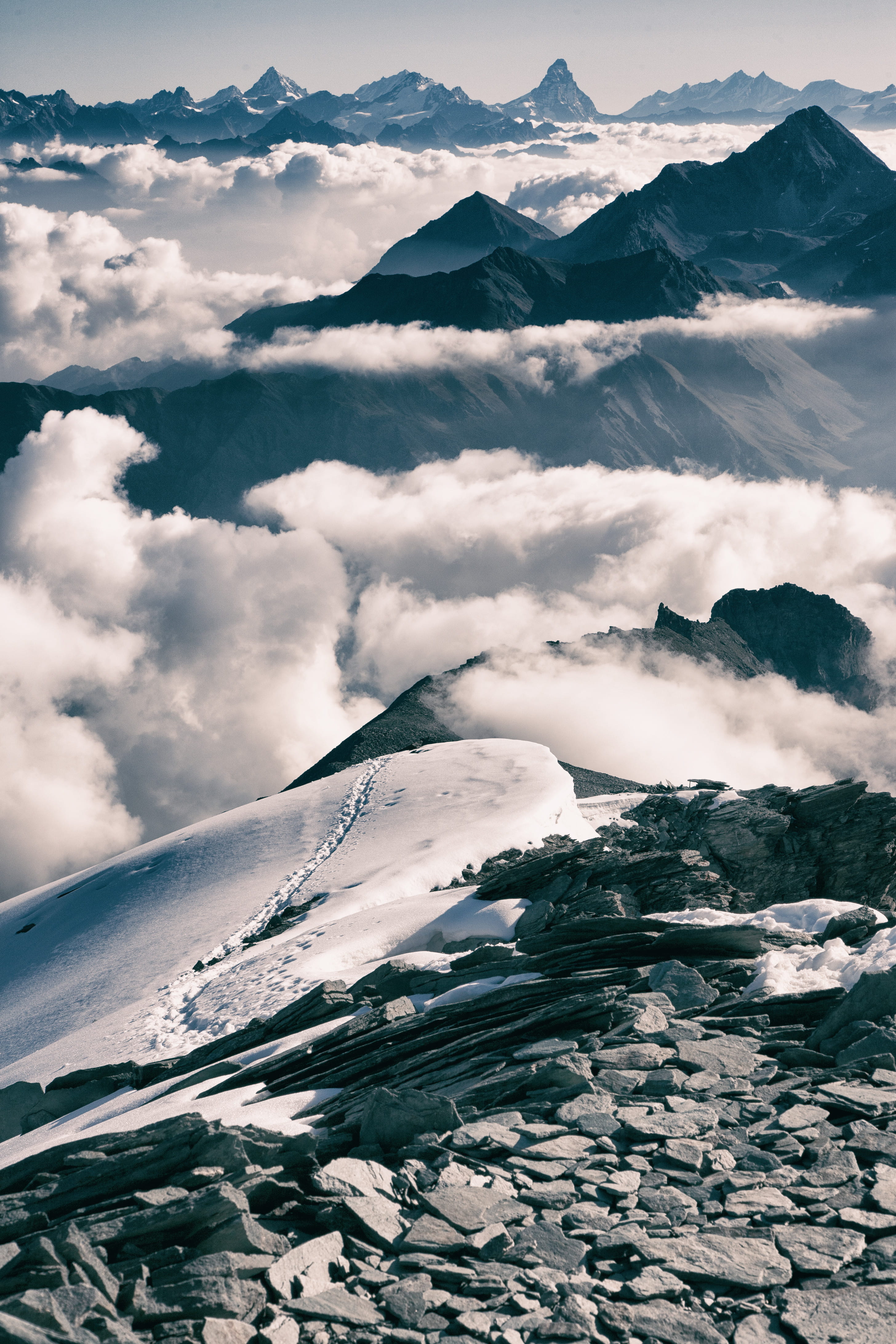 cloud, snow, mountain peak, track, beauty in nature, top, glacier, cloud - sky, tranquility, peak, ice, clouds, outdoors, idyllic, aerial view, water, photo, Phone HD Wallpaper
