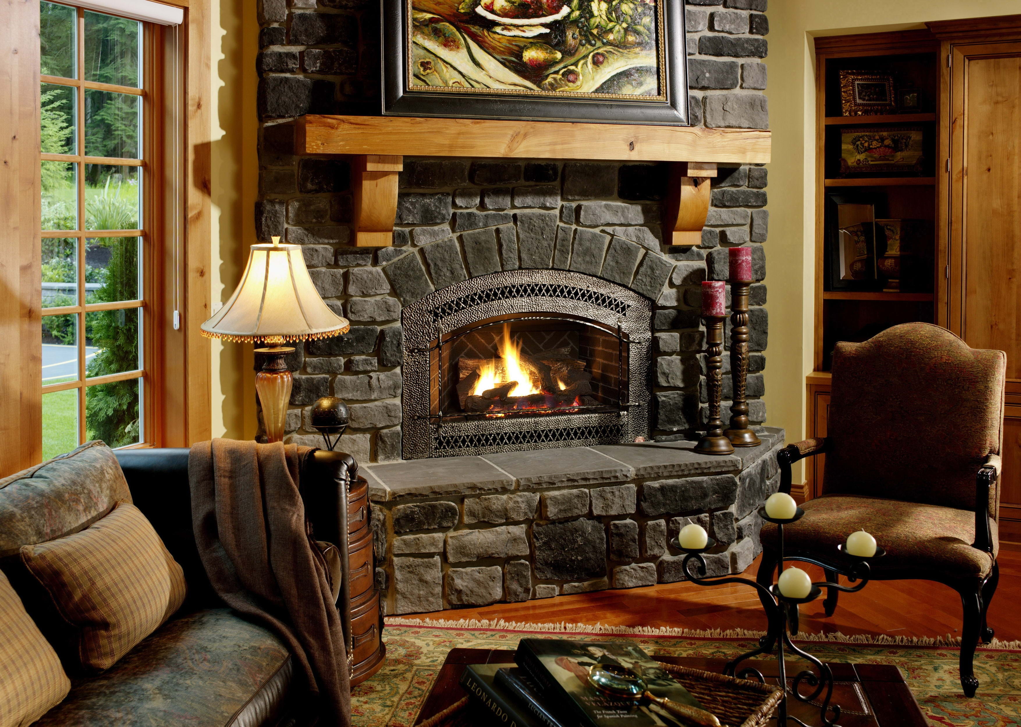 old-fashioned, wood - Material, decor, domestic Room, living Room, fireplace, cozy, gray, sofa, mantelpiece, 2K, firewood, fire, luxury, flame, window, HD Wallpaper