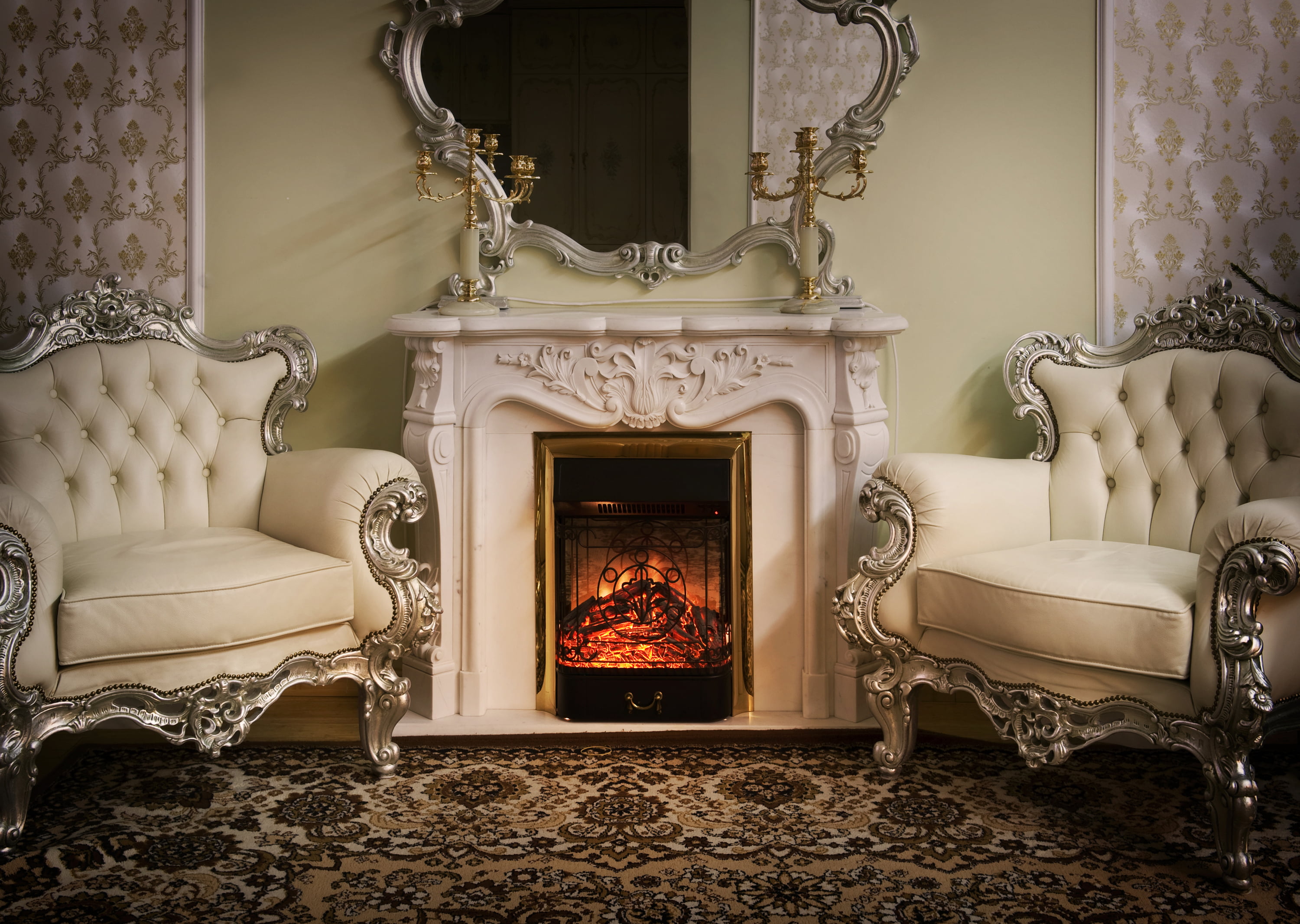 luxury, home Interior, apartment, old-fashioned, indoors, decor, mirror, wealth, modern, design, style, fire - Natural Phenomenon, sofa, black, chair, wood - Material, HD Wallpaper