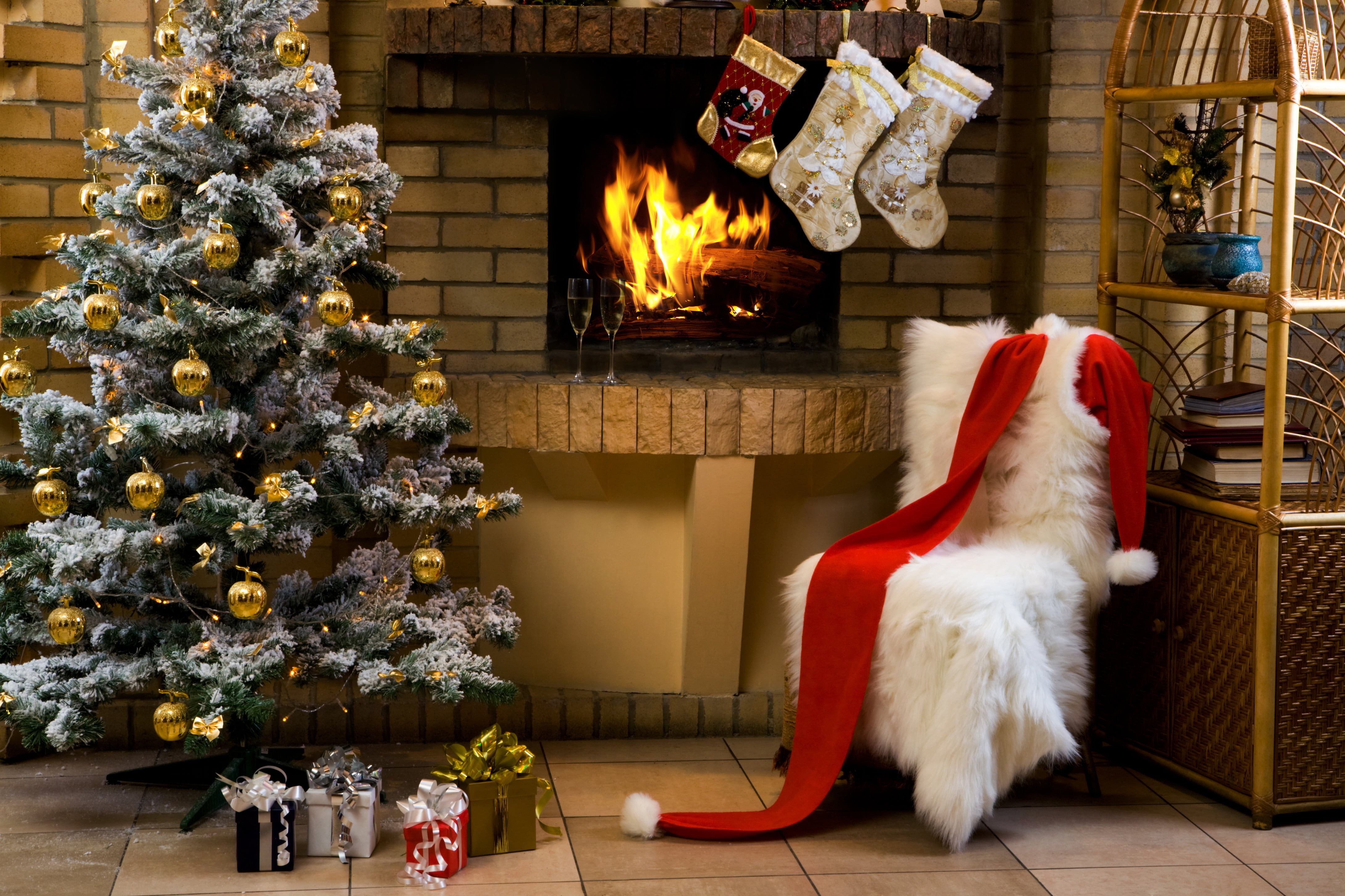 home Interior, wood - Material, santa Claus, fir Tree, animal, fireplace, cultures, decoration, tree, christmas Ornament, cute, flame, christmas Present, HD Wallpaper