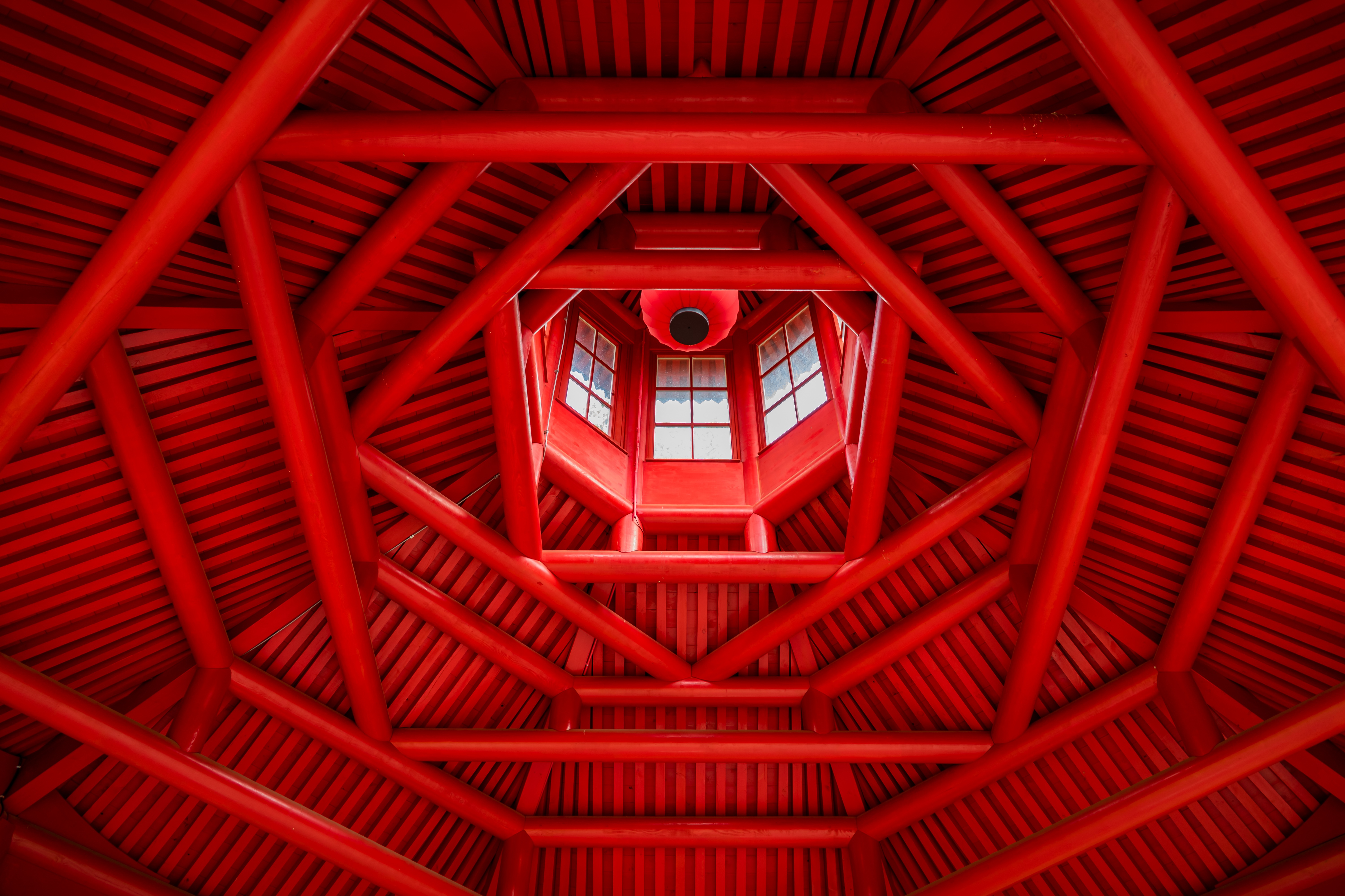 modern, low angle view, red, design, roof truss, geometric shape, belief, backgrounds, built structure, pattern, shape, ceiling, no people, 5K, day, bar, HD Wallpaper