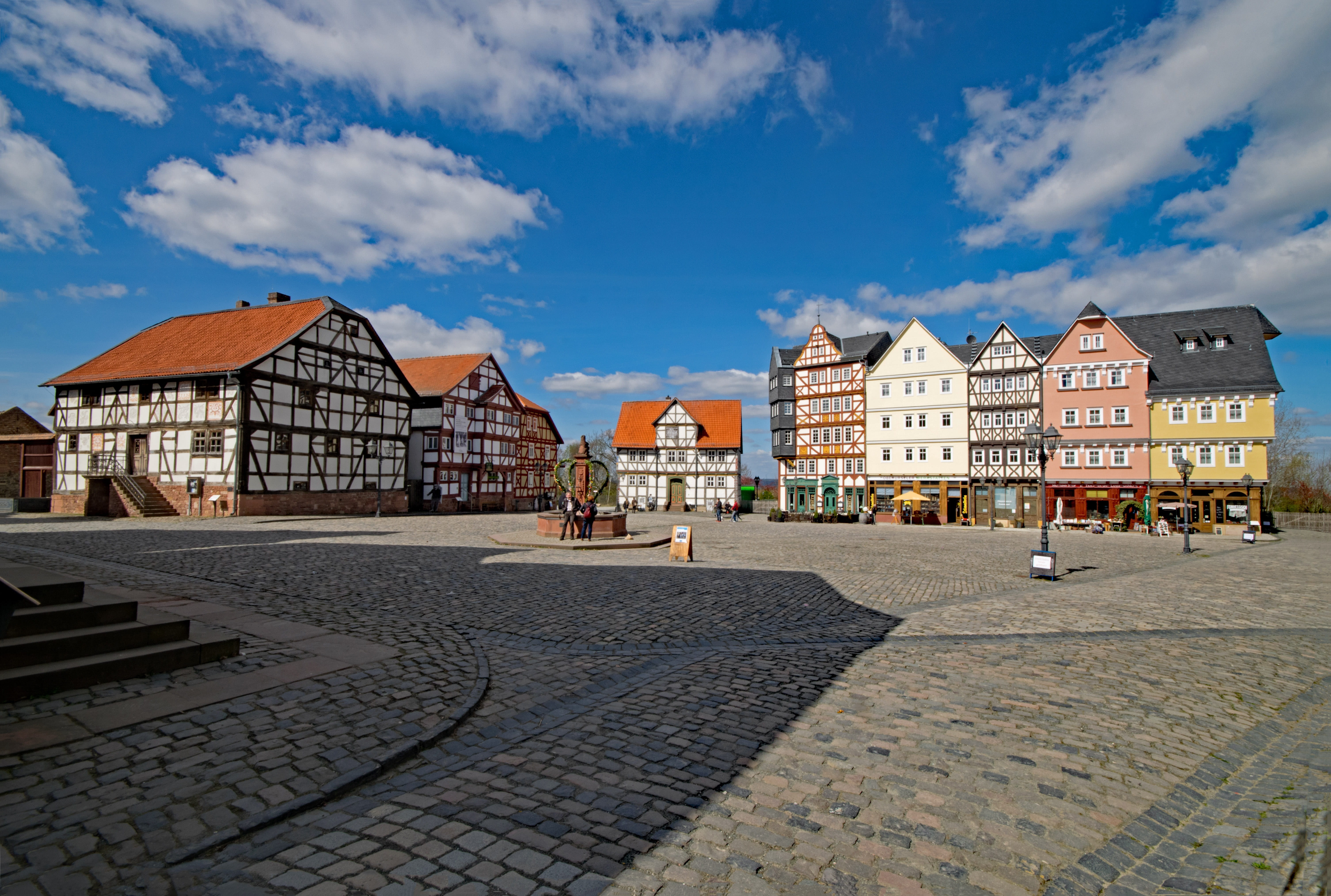 Hesse, no people, sunlight, outdoors, paving stone, cobblestone, city, 5K, architecture, europe, old town, cloud - sky, built Structure, town, old, urban Scene, HD Wallpaper