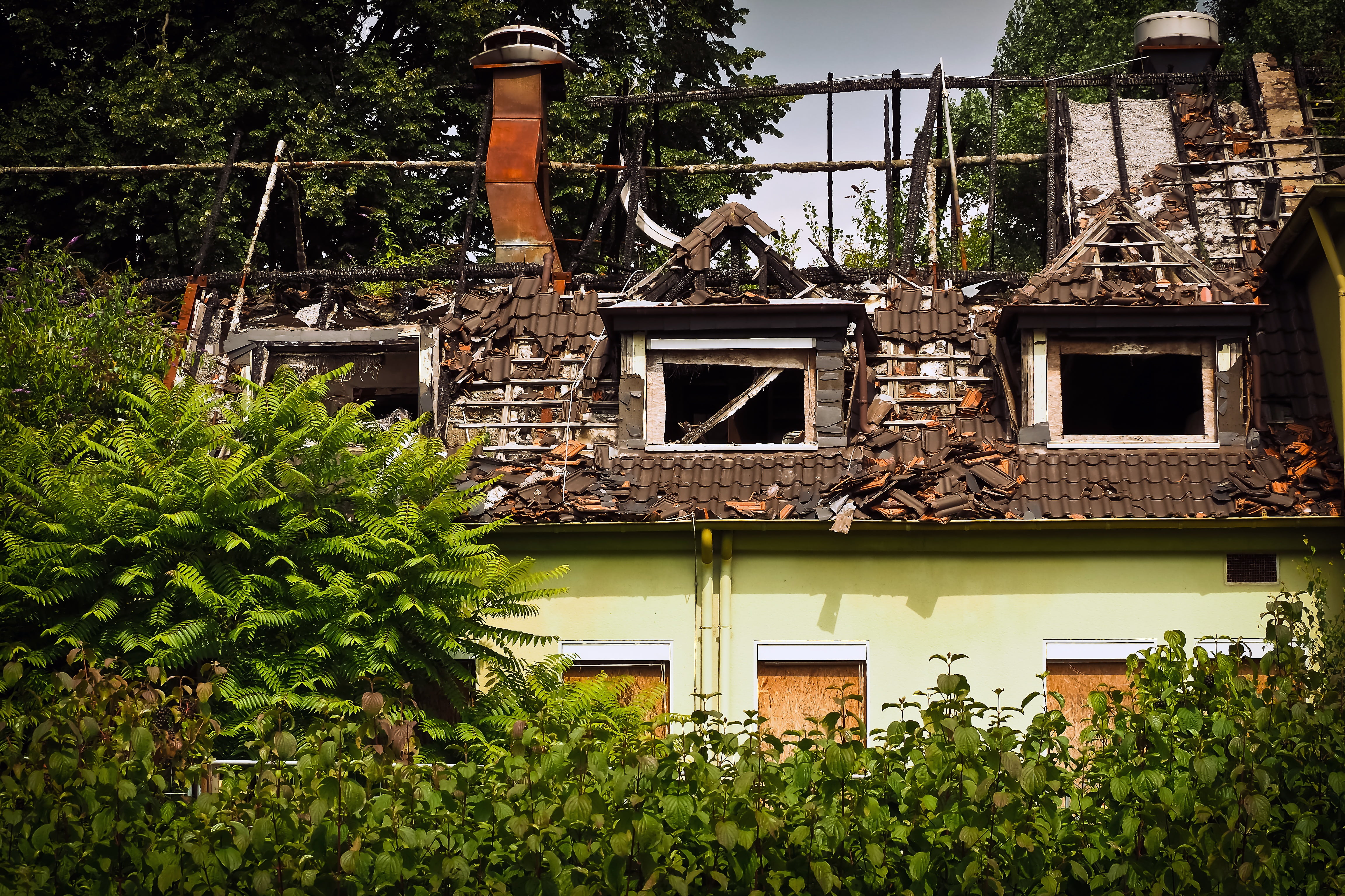 building, green color, deterioration, damaged, fire, destruction, roof, nature, architecture, out brand, building exterior, 4K, tree, window, broken, obsolete, HD Wallpaper