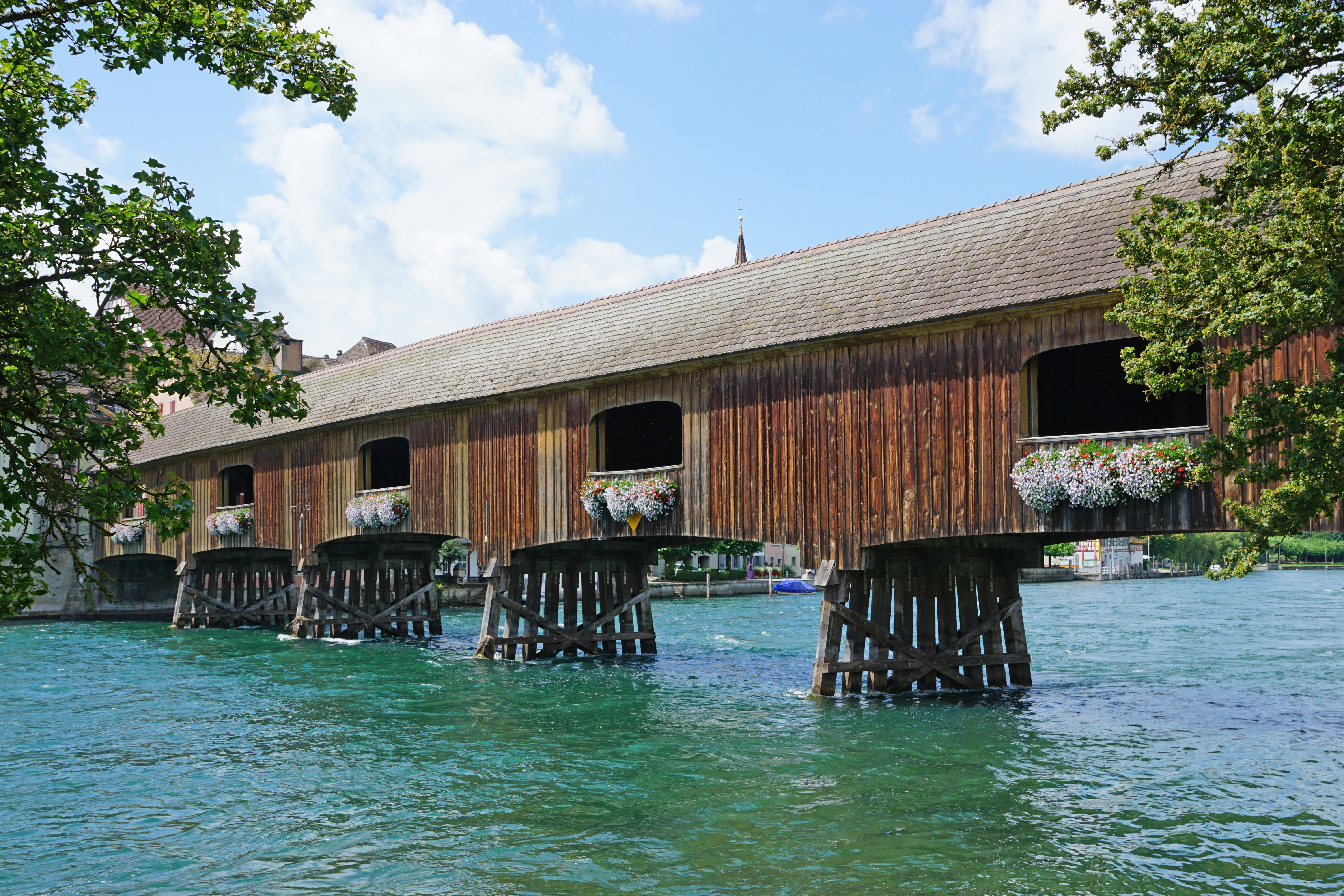 ch-eu, waterfront, tree, trusses, day, no people, customs bridge, diessenhofen, house, building exterior, building, built structure, eu-ch, gailingen, switzerland, HD Wallpaper