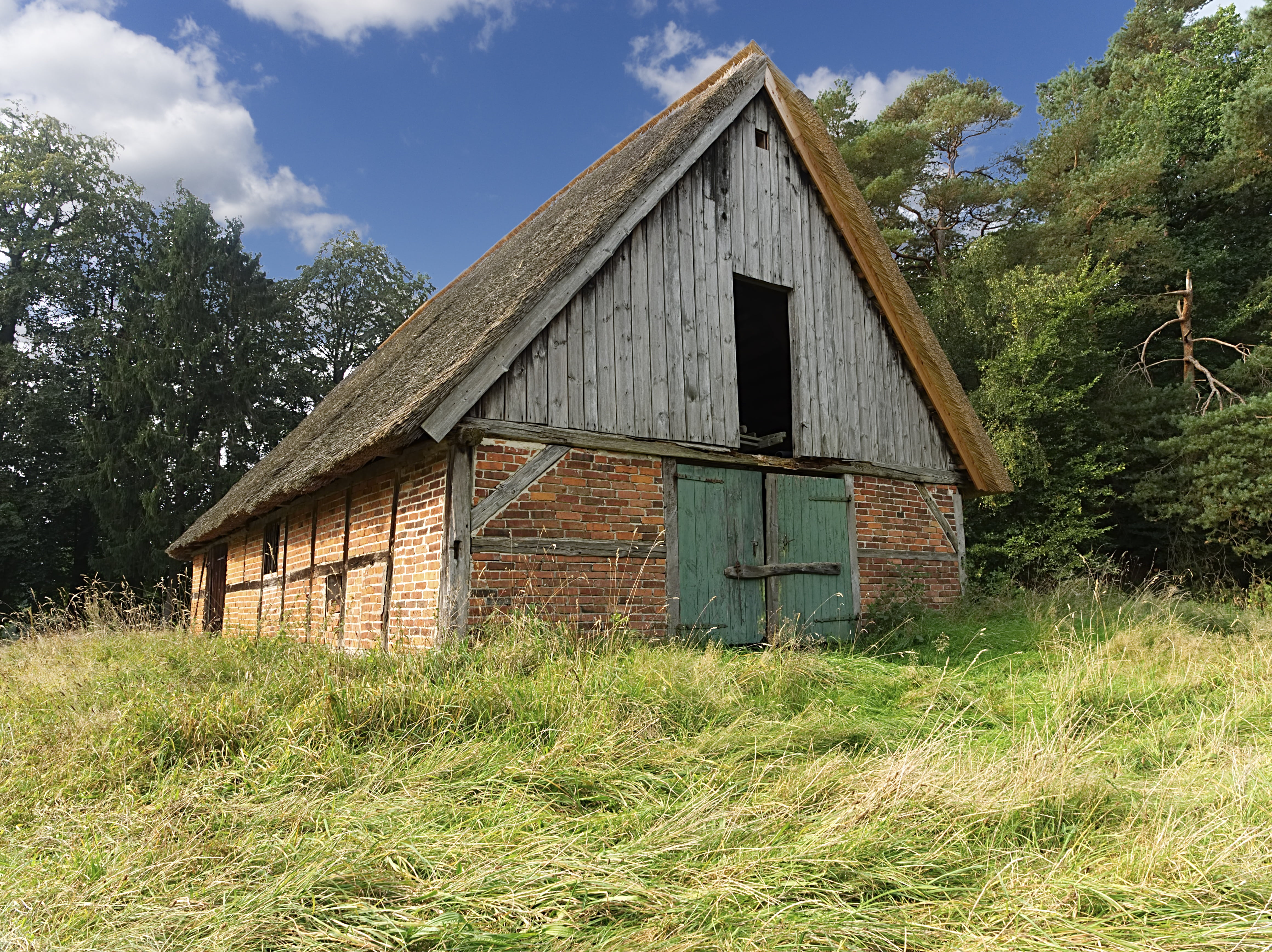 rural Scene, growth, tree, 4K, architecture, nature, rustic, fachwerkhaus, abandoned, wood - Material, farmhouse, land, green color, weathered, thatched roof, HD Wallpaper