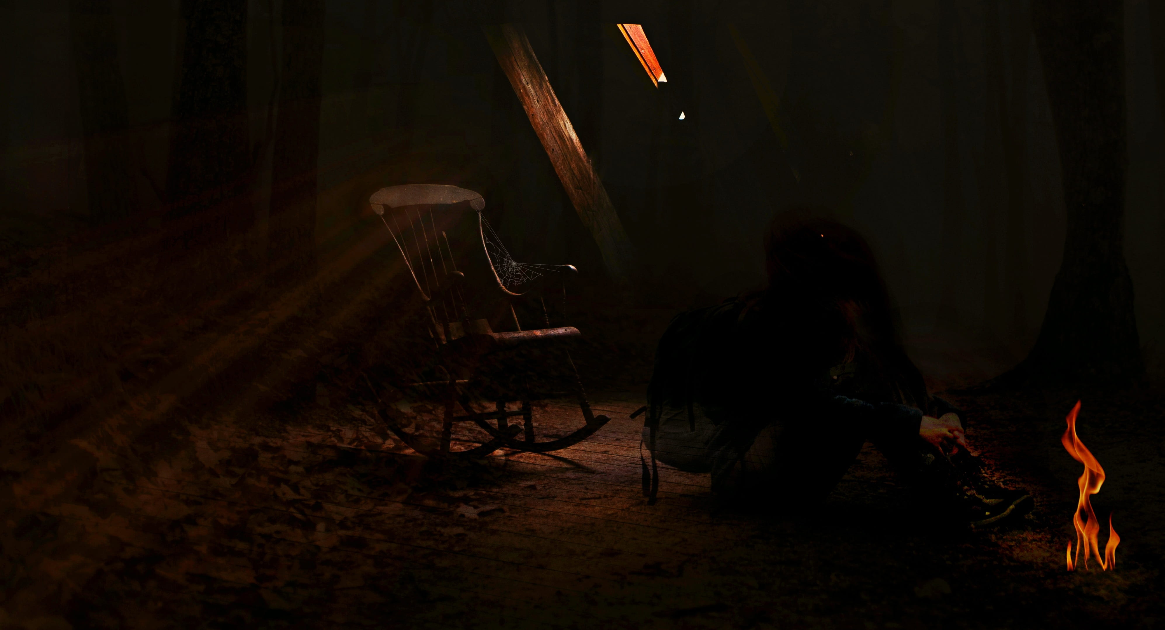 girl, dark, night, mystical, burning, lighting equipment, atmosphere, rocking chair, attic, fire - natural phenomenon, fantasy, communication, adult, seat, HD Wallpaper