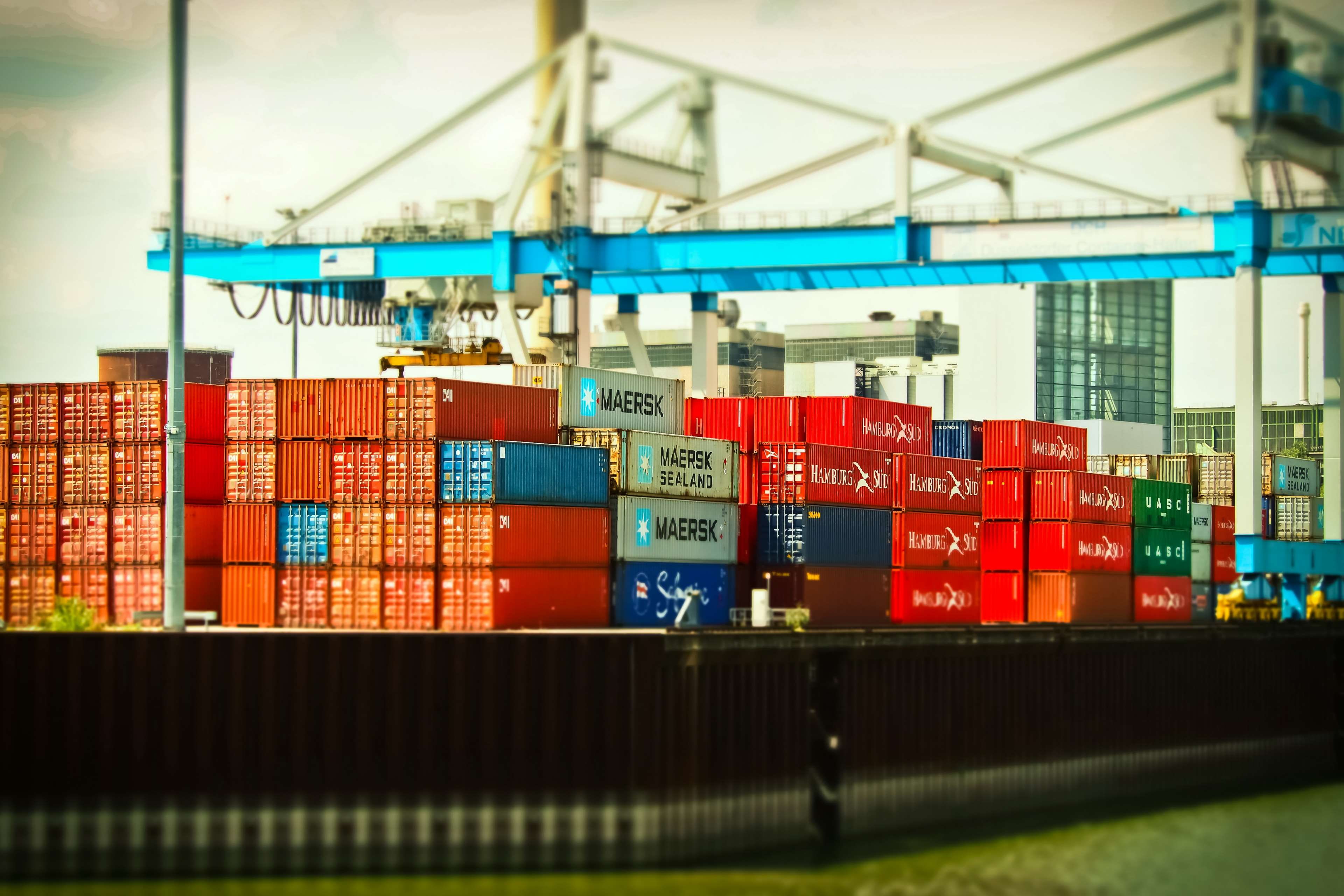 loading crane, marketing hub, 4K, stack, water, crane, container handling, cargo, freight transportation, shipping, architecture, inland waterway transport, HD Wallpaper