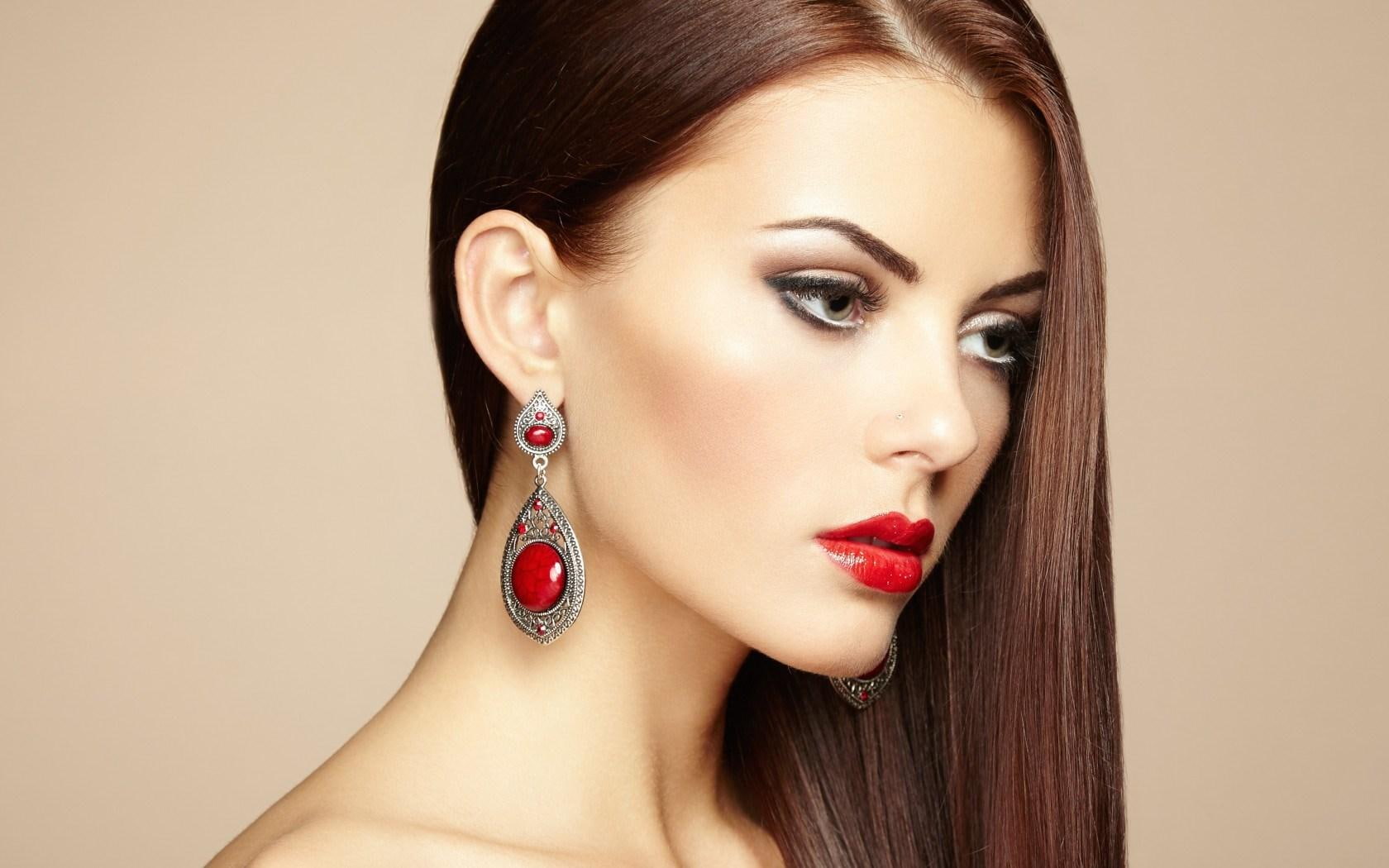 720P, makeup, red, girl, model, silver, earrings, studded, pair, HD Wallpaper